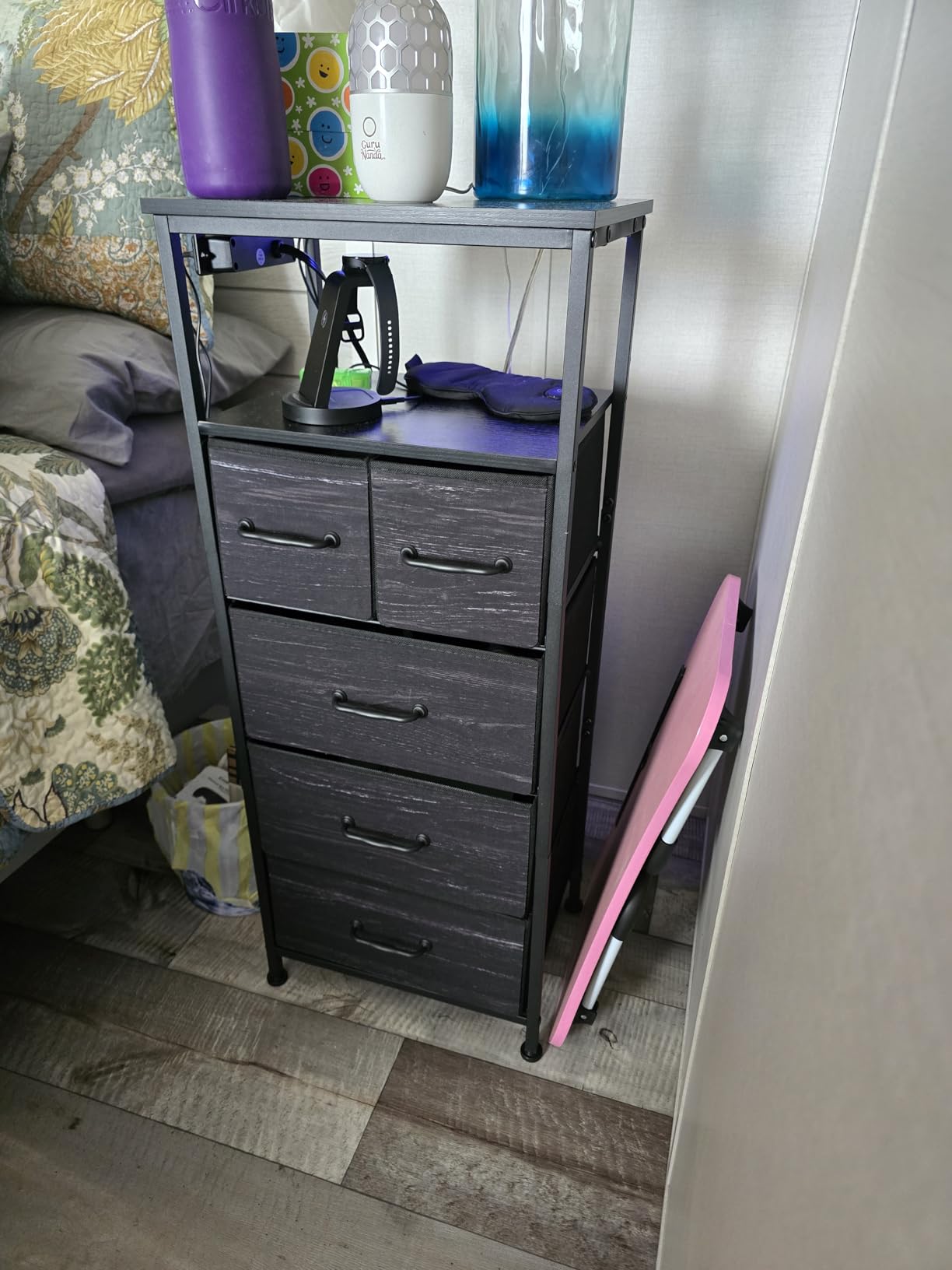 Furnulem Dresser for Bedroom, Tall Nightstand, Vertical Chest with Wood Top, Charging Station, LED Lights, 5 Fabric Bins, Bedside Table with Shelf, Furniture for Entryway (5 Drawer, Black Oak) - Customer Photo 2