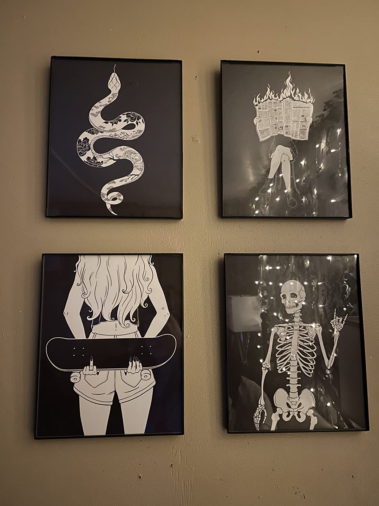 HAUS AND HUES Goth Wall Decor Set of 4 - Halloween Prints Wall Art, Horror Posters, Skeleton Wall Decor, Halloween Prints Wall Art, Spooky Home Decor, Witchy Wall Art (8x10, WALNUT FRAMED) - Customer Photo 1