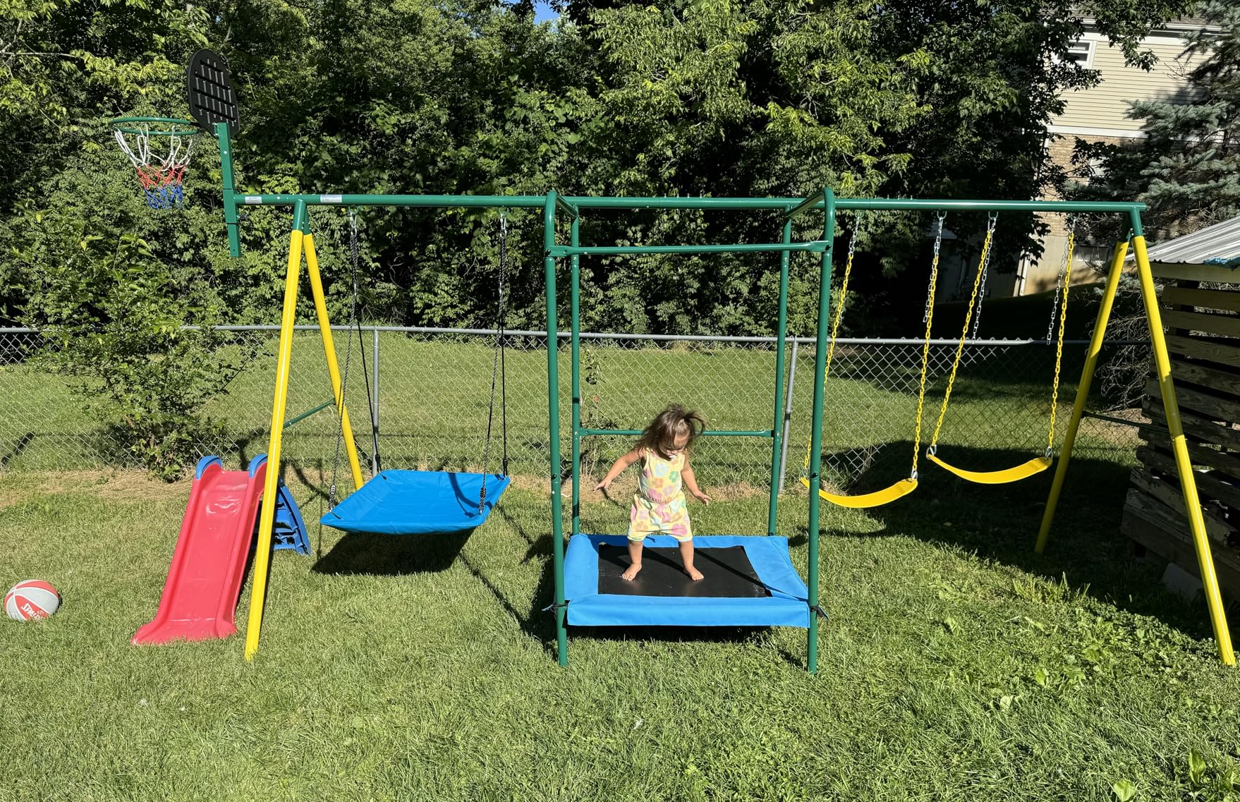 Swing Sets for Backyard, 5-in-1 Outdoor Swing Set, 660 lbs Heavy Duty Extra Large Metal Kids Swing Sets with Trampoline, Platform Swing, 2 Swings and Basketball Hoop - Customer Photo 1
