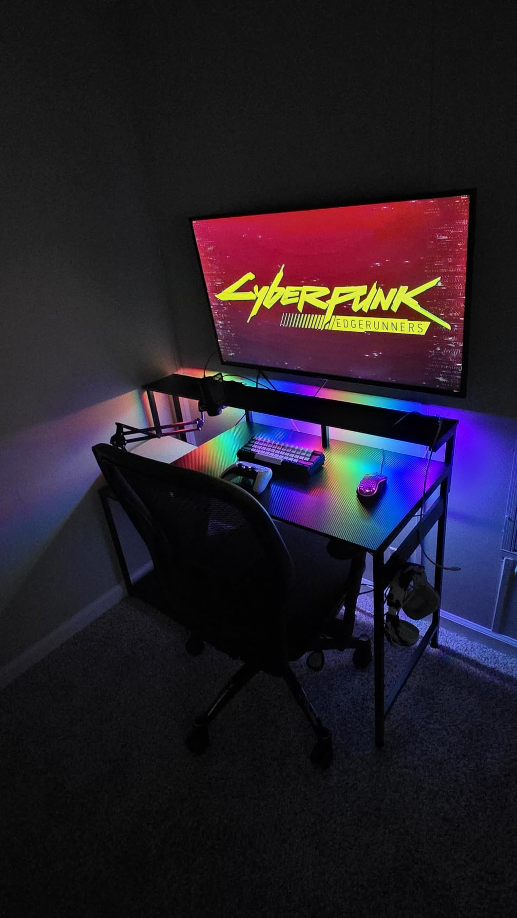 AODK Computer Desk, 48 Inch Gaming Desk with Led Lights & Power Outlet, Office Desk with Storage Shelves, Reversible Desk with Monitor Shelf & Headphone Hook, Carbon Fiber Black - Customer Photo 2