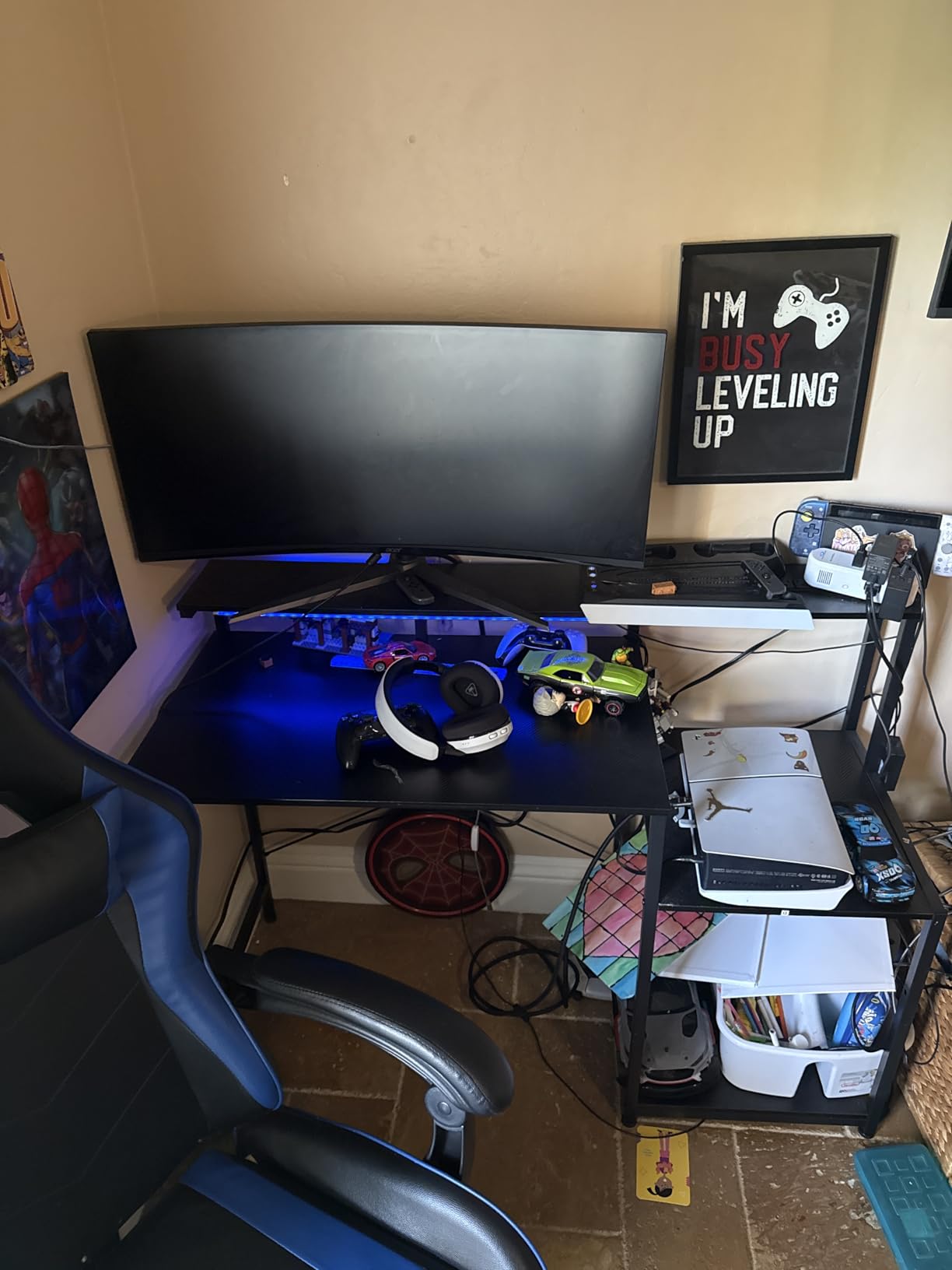 AODK Computer Desk, 48 Inch Gaming Desk with Led Lights & Power Outlet, Office Desk with Storage Shelves, Reversible Desk with Monitor Shelf & Headphone Hook, Carbon Fiber Black - Customer Photo 4