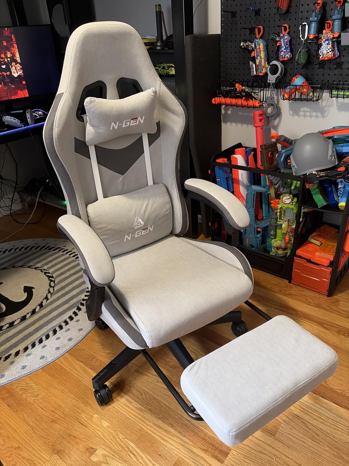 N-GEN GAMING Video Gaming Chair with Footrest Lumbar Support for Home Office High Back Recliner Height Adjustable Ergonomic Comfy Leather Computer Desk Chair (Black) - Customer Photo 5