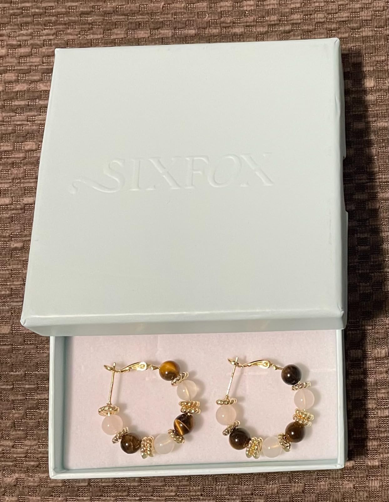 SIXFOX Tiger Eye Gemstone Earrings 14k Gold Plated Gold Hoop Earrings for Women White Agate Earring Fashion Jewelry Gift - Customer Photo 2