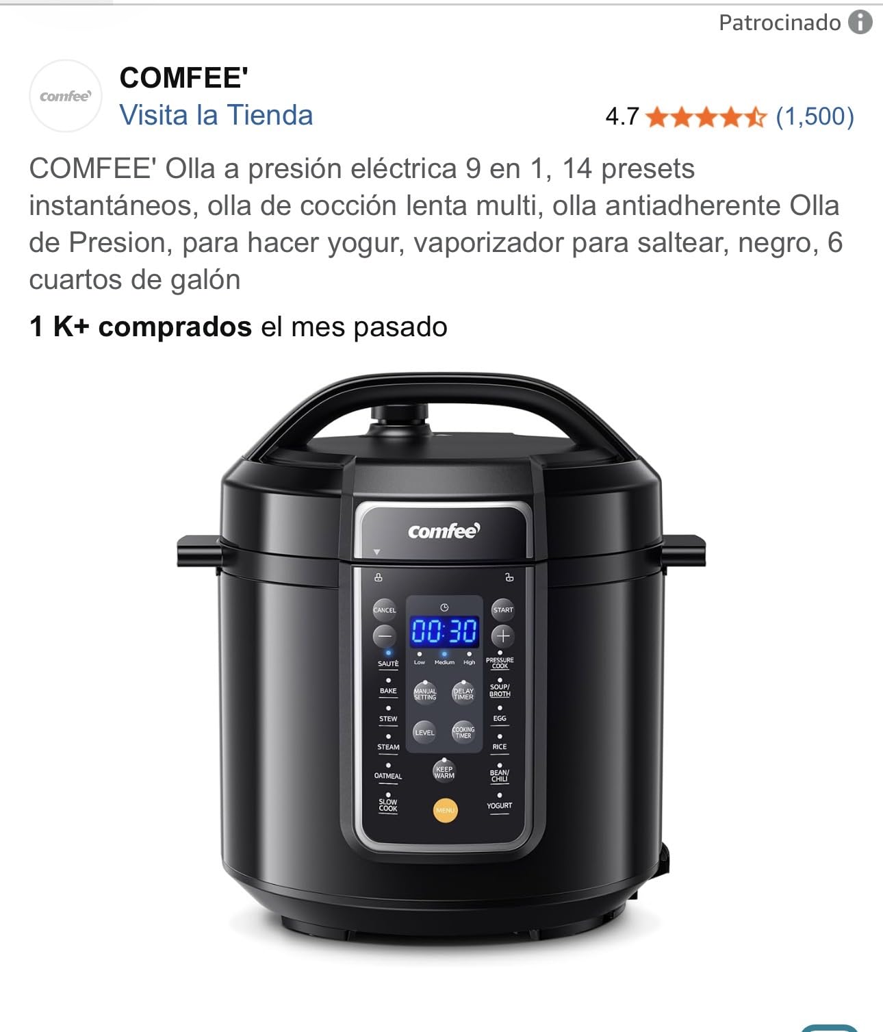 COMFEE' 9-in-1 Electric Pressure Cooker, 14 Presets Instant Multi Slow Cooker Olla de Presion Non-Stick Pot Rice , Yogurt Maker, Sauté Steamer, Black , 6 Quarts - Customer Photo 1