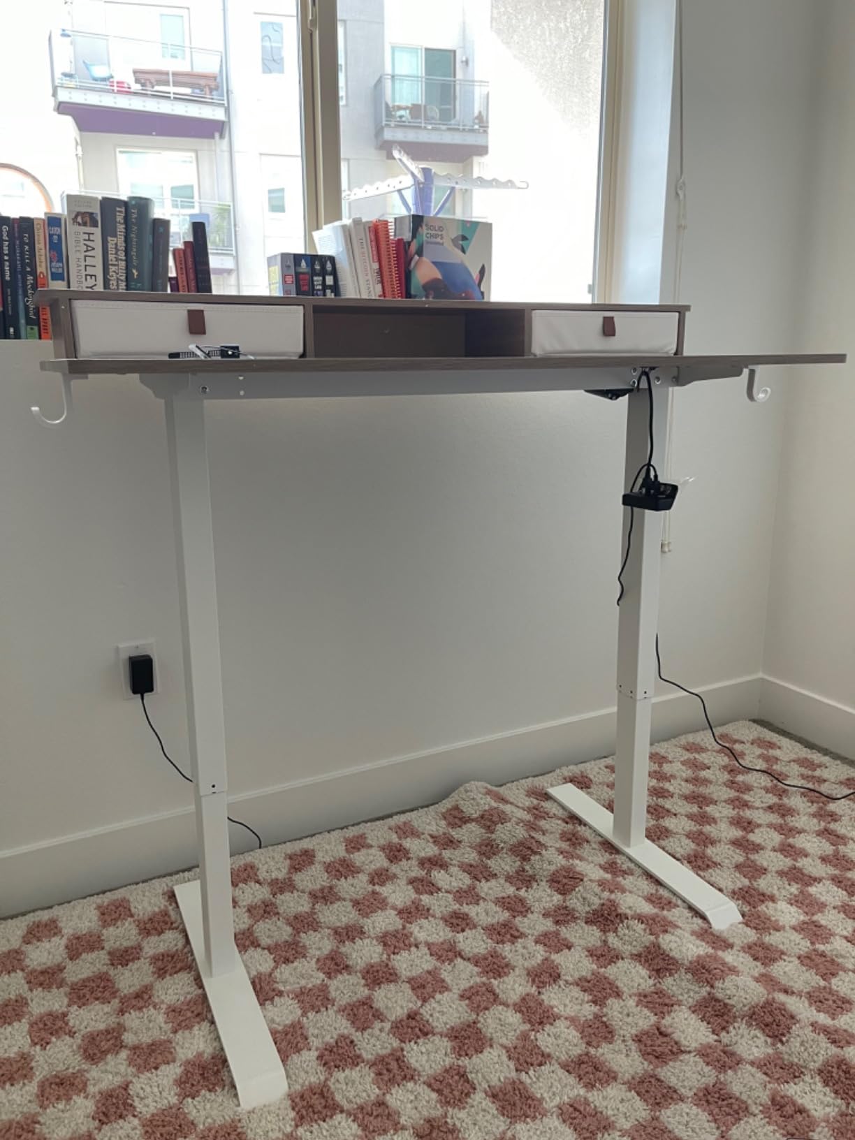 TIQLAB 48 * 24 Inch Standing Desk with Two Drawers, Stand Up Standing Desk Adjustable Height, Electric Sit Stand Table with Storage Shelf and Splice Board, Maple - Customer Photo 1