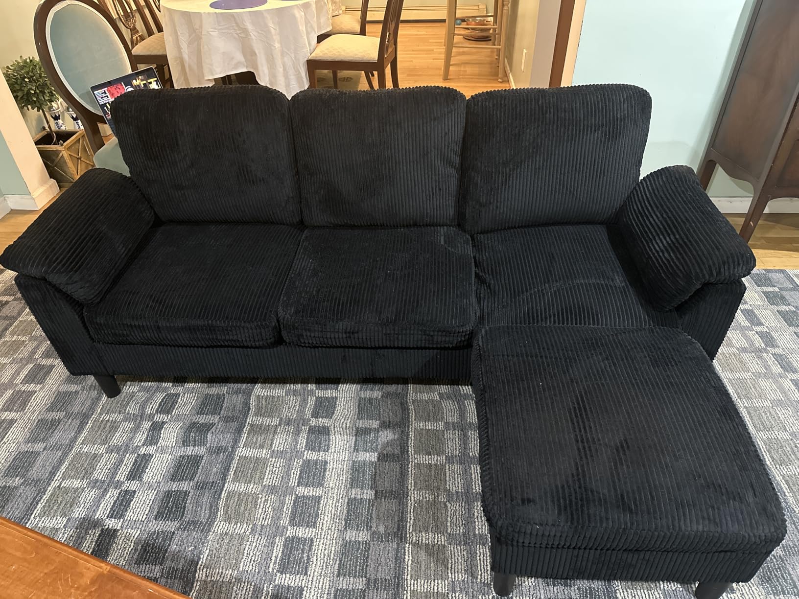 Vongrasig Convertible Sectional Couches, 3 Seat L Shaped Couch Sofa with Removable Pillows Soft Corduroy Fabric Small Couch Mid Century for Living Room, Apartment and Office Black - Customer Photo 2