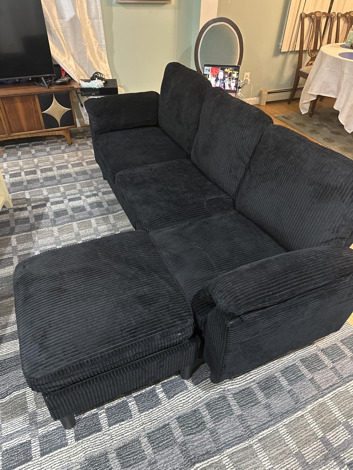 Vongrasig Convertible Sectional Couches, 3 Seat L Shaped Couch Sofa with Removable Pillows Soft Corduroy Fabric Small Couch Mid Century for Living Room, Apartment and Office Black - Customer Photo 5