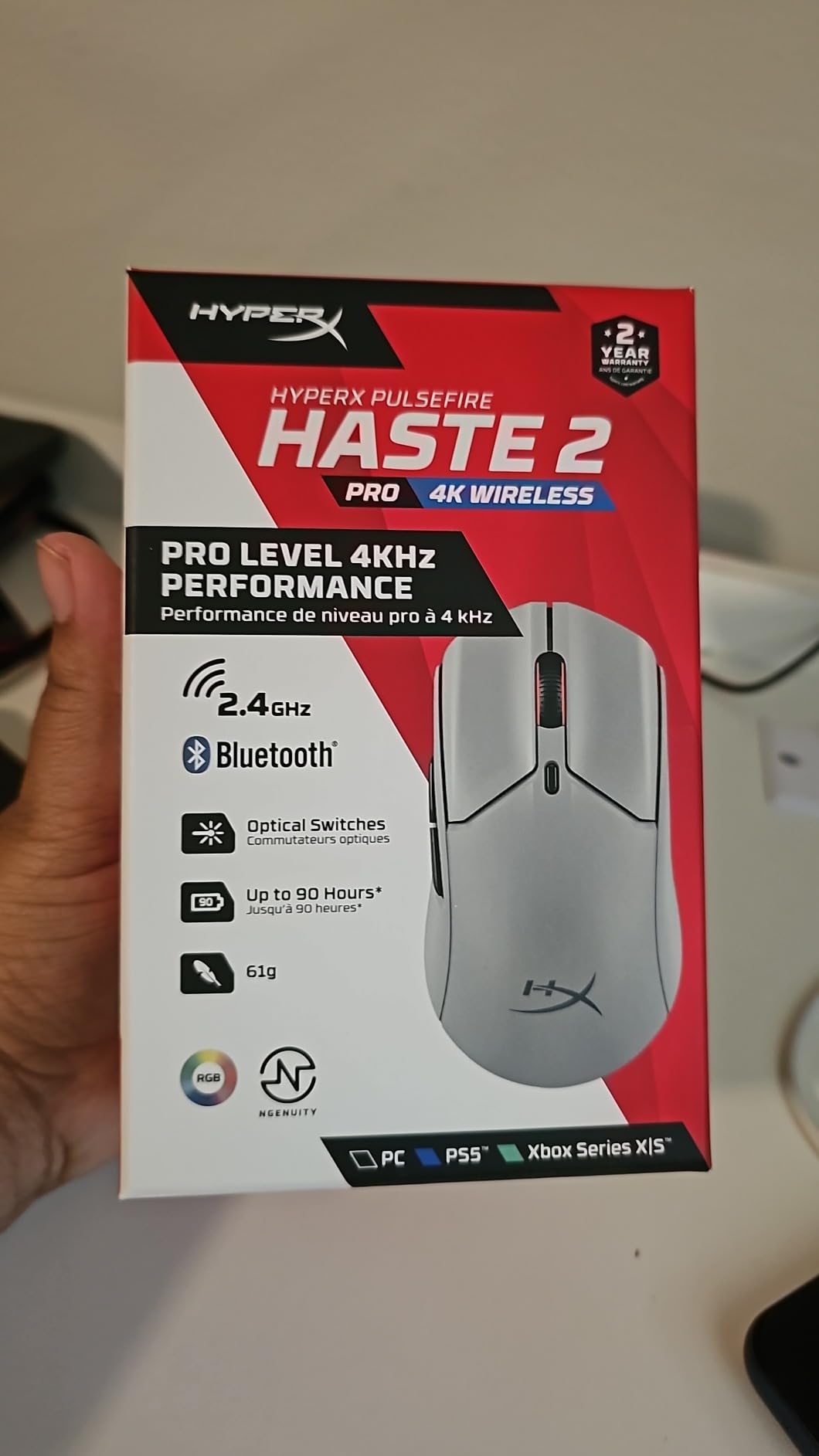 HyperX Pulsefire Haste 2 Pro 4K Wireless Gaming Mouse for PC, 4k Polling, Rechargeable 90 Hour Battery, Lightweight 61g, 26K Sensor, 2.4GHz, Bluetooth, Slate Grey - Customer Photo 3