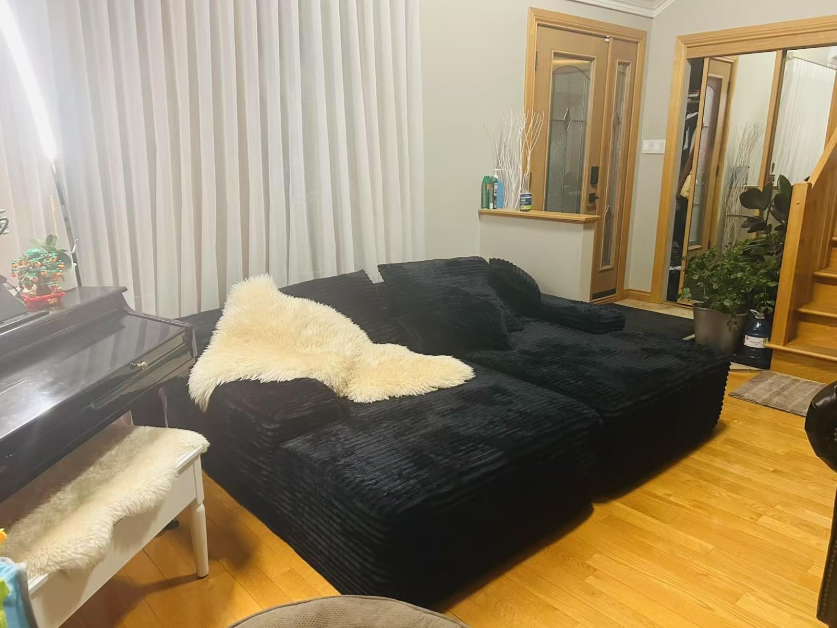 POEM PANDA Modular Sectional Sofa Double Recliner Chairs,Corduroy Sleeper Deep Seat Sofa Bed with 6 Pillows for Living Room,Boneless Memory Foam Couch,No Assembly Required Comfy Black Chaise Longue. - Customer Photo 2