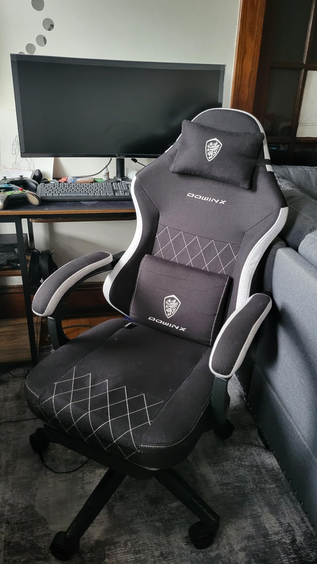 Dowinx Gaming Chair Fabric with Pocket Spring Cushion, High Back Ergonomic Computer Chair with Footrest for Adults, Massage Lumbar Support Swivel Game Chair for Office Gaming 300LBS, Black and Gray - Customer Photo 3