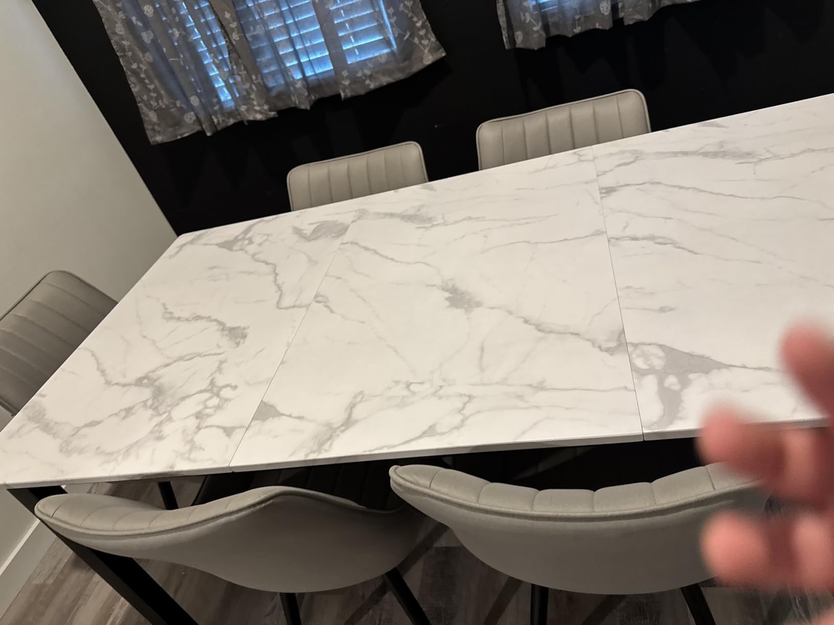 GarveeHome 70.8 in Industrial Dining Table for 6, Wooden Long Dinner Table with Mortise Tenon Design, Kitchen Table with Sturdy Metal Legs, for Dining Room Home Office Living Room, White Faux Marble, White Faux Marble/Black, 70.8 Inch - Customer Photo 2