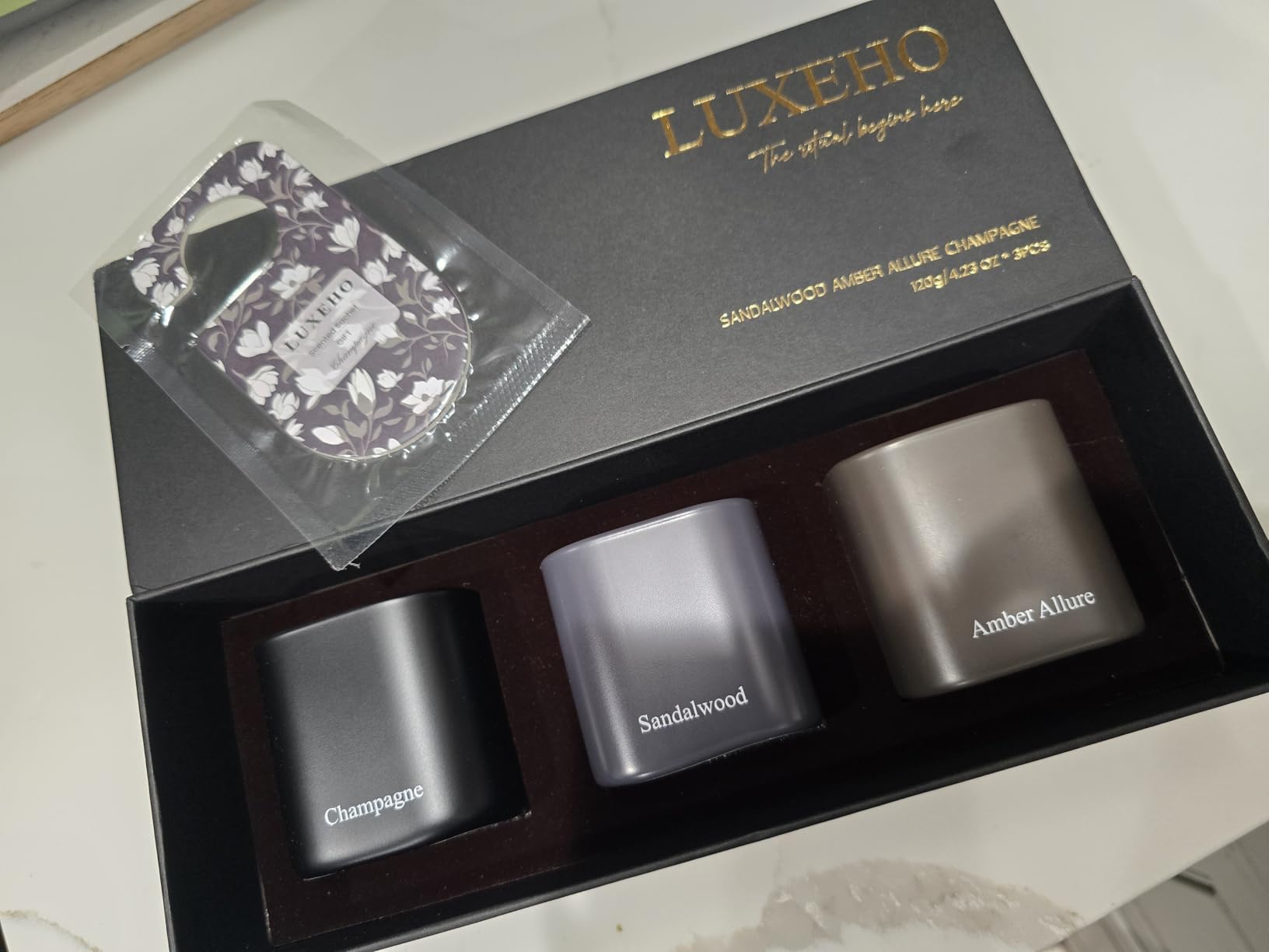 Luxury Scented Candle Gift Set 3-Pack | Champagne, Sandalwood & Amber | Clean Soy Wax | for Women & Men (4.23 oz Each) | 75 Hour Burn Time - Customer Photo 1