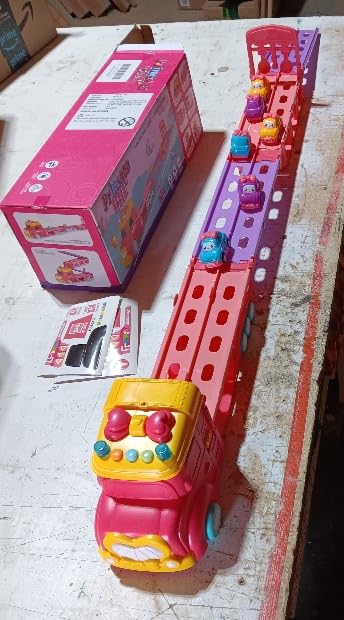 HSEONEJIA Toddler Unicorn Truck & Cars Toys for 3 4 5 6 7 Year Old Girl Birthday Gift, 2 Player Deformating Race Track Game, Princess Push Transport Truck and 6 Cars with Lights & Sound for Kids - Customer Photo 1