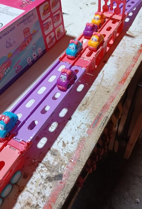 HSEONEJIA Toddler Unicorn Truck & Cars Toys for 3 4 5 6 7 Year Old Girl Birthday Gift, 2 Player Deformating Race Track Game, Princess Push Transport Truck and 6 Cars with Lights & Sound for Kids - Customer Photo 2