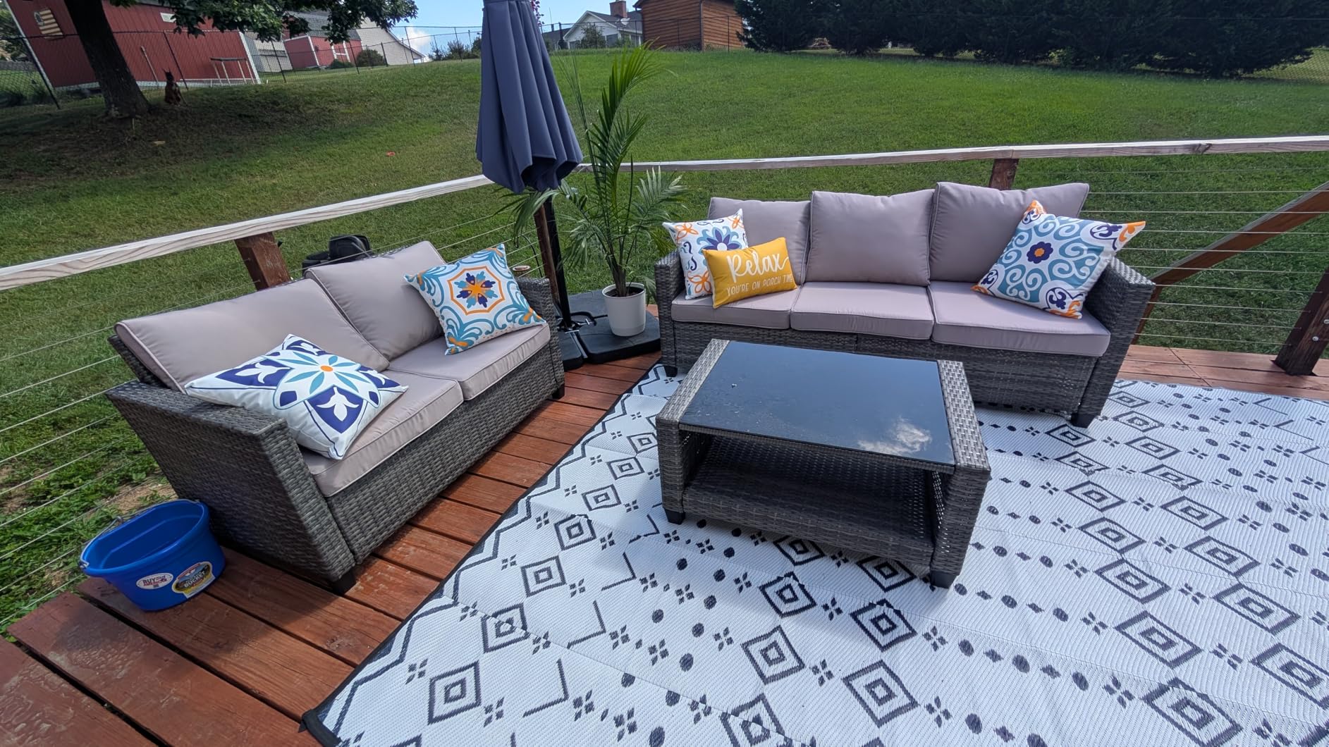 Garvee Outdoor Patio Furniture Set 5 Pieces, PE Rattan Wicker sectional Patio Conversation Set with Waterproof Cusions and Coffee Table, Brown and Blue - Customer Photo 2