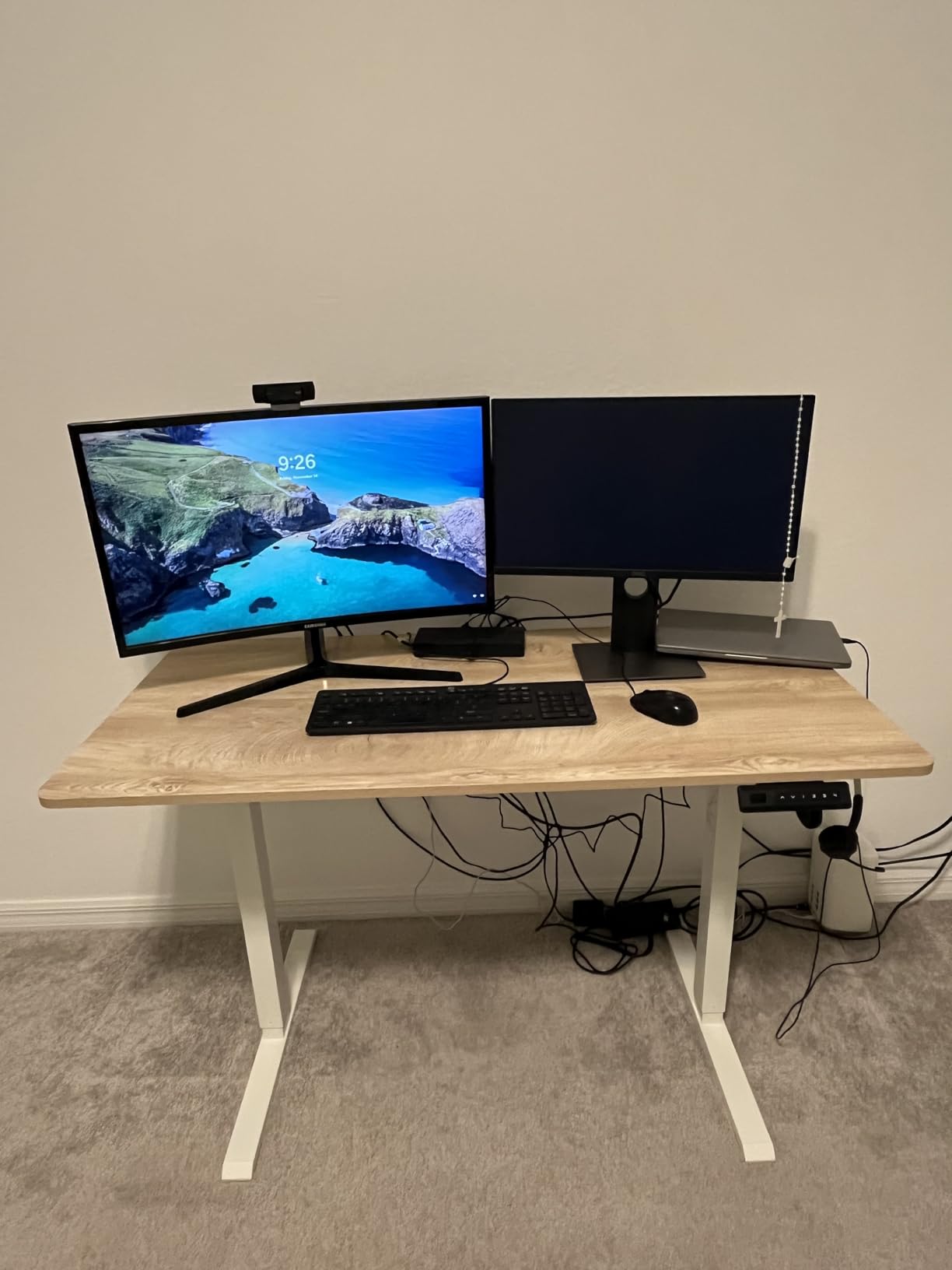 FEZIBO Standing Desk, 48 × 24 Inches Electric Height Adjustable, Sit and Stand Up, Computer Office Desk with Splice Board, White Frame/Maple TOP - Customer Photo 1