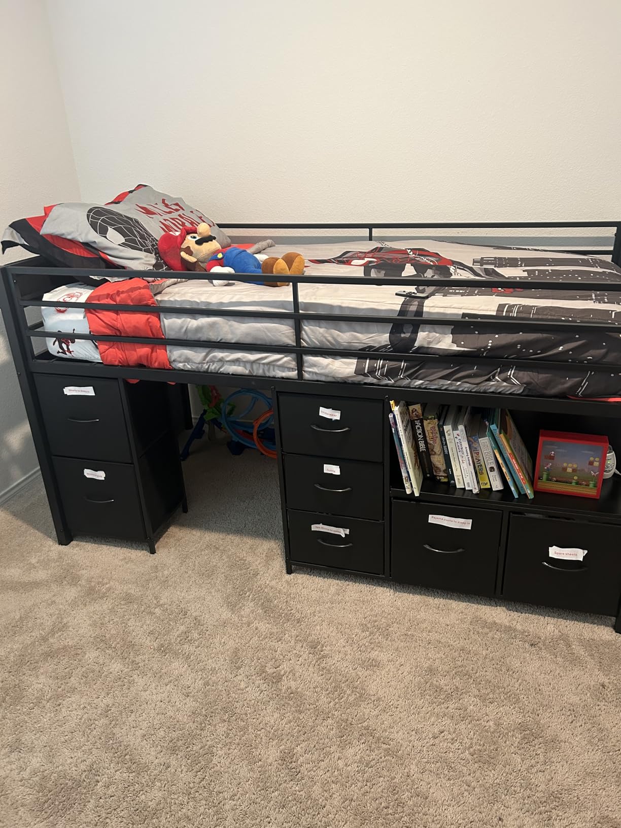 ADORNEVE Low Loft Bed Twin Size with 7 Storage Drawers, Bookcase and LED Lights, Metal Kids Loft Bed with 14 ADORNEVE Low Loft Bed Twin Size with 7 Storage Drawers, Bookcase and LED Lights, Metal Kids Loft Bed with 14
