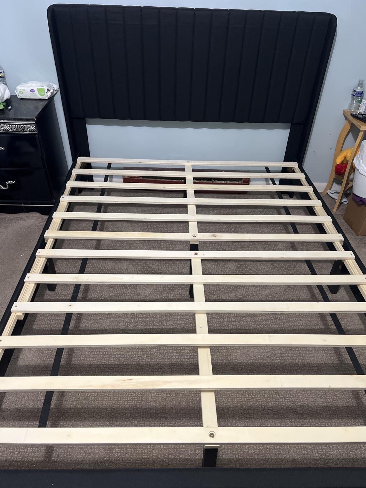 Yaheetech Queen Bed Frame Upholstered Platform Bed with Fabric Headboard, Wing Edge Design/Non-Slip and Noise-Free/Wooden Slats Support/No Box Spring Needed/Easy Assembly, Black Queen Bed - Customer Photo 2