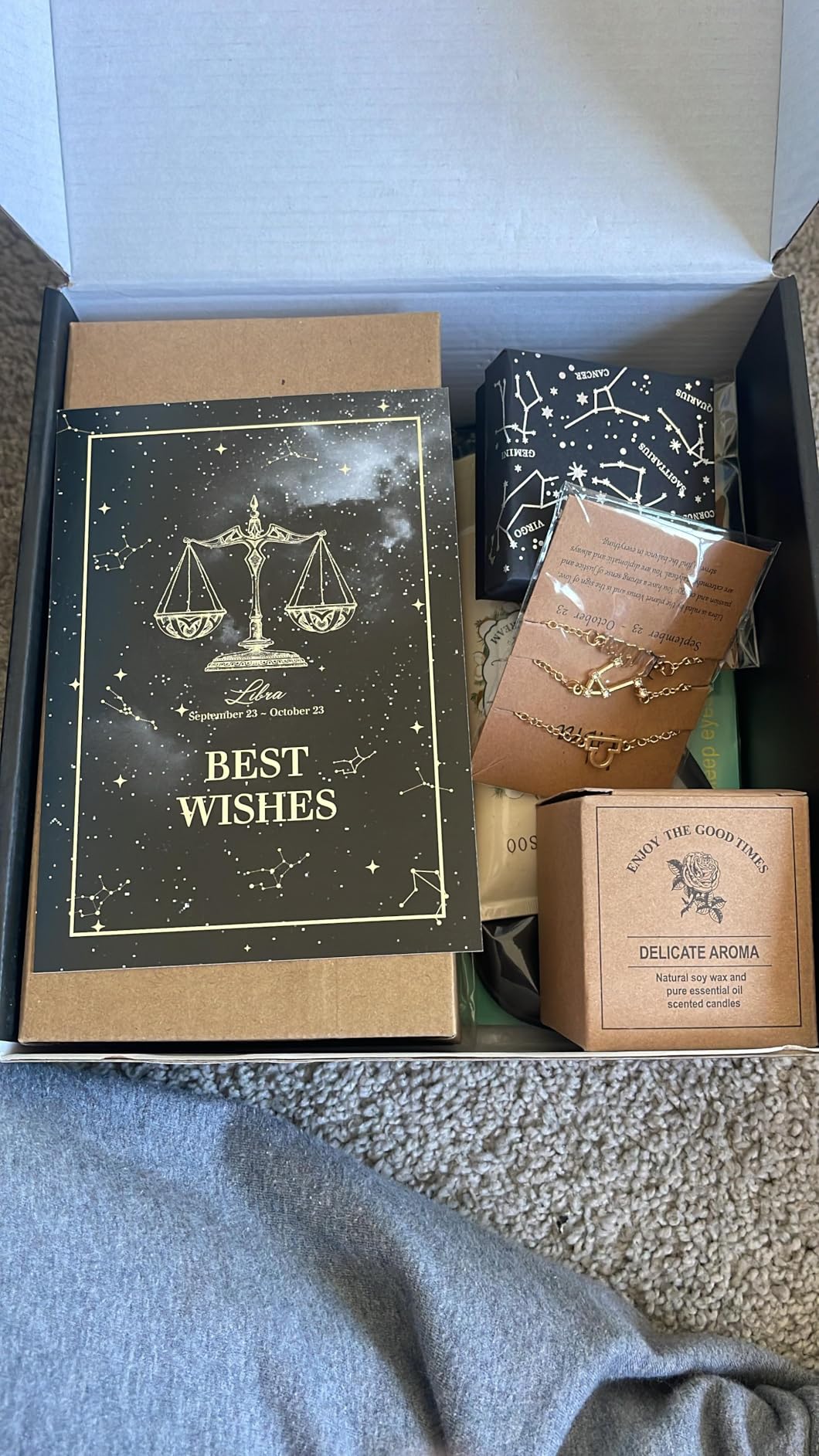 14PCS Libra Birthday Christmas Gifts for Women, libra Astrology Gifts for Women Bakets, 12 Zodiac Gifts for Woman Friends Female Friendship,Lib Astrological 16 oz Glass Cups Candles with Gift Set Box - Customer Photo 1