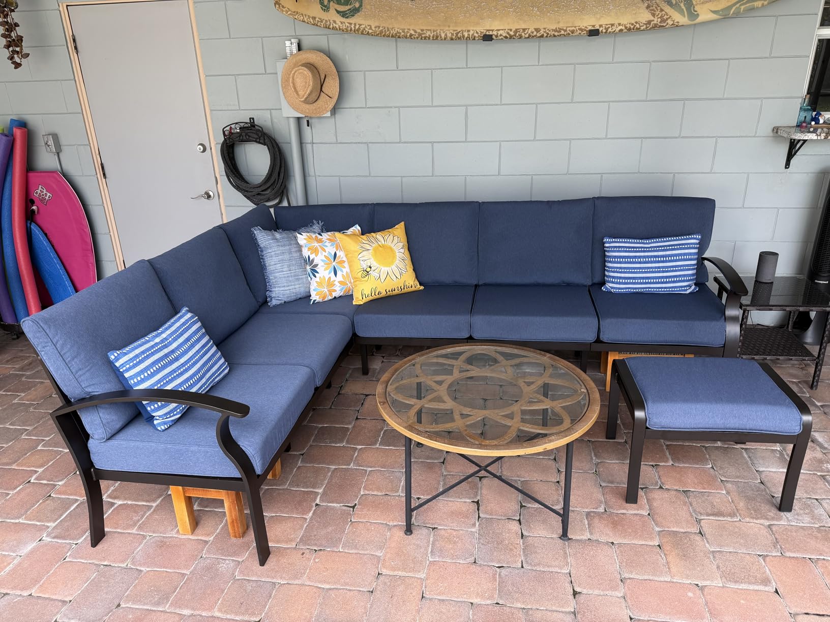 Kurapika 5 Piece Modern Metal Outdoor Conversation Sets, Patio Furniture Set, 4 Aluminum Swivel Chairs w/48in Round Propane Fire Pit Table and Thickened Cushions, Sand - Customer Photo 1