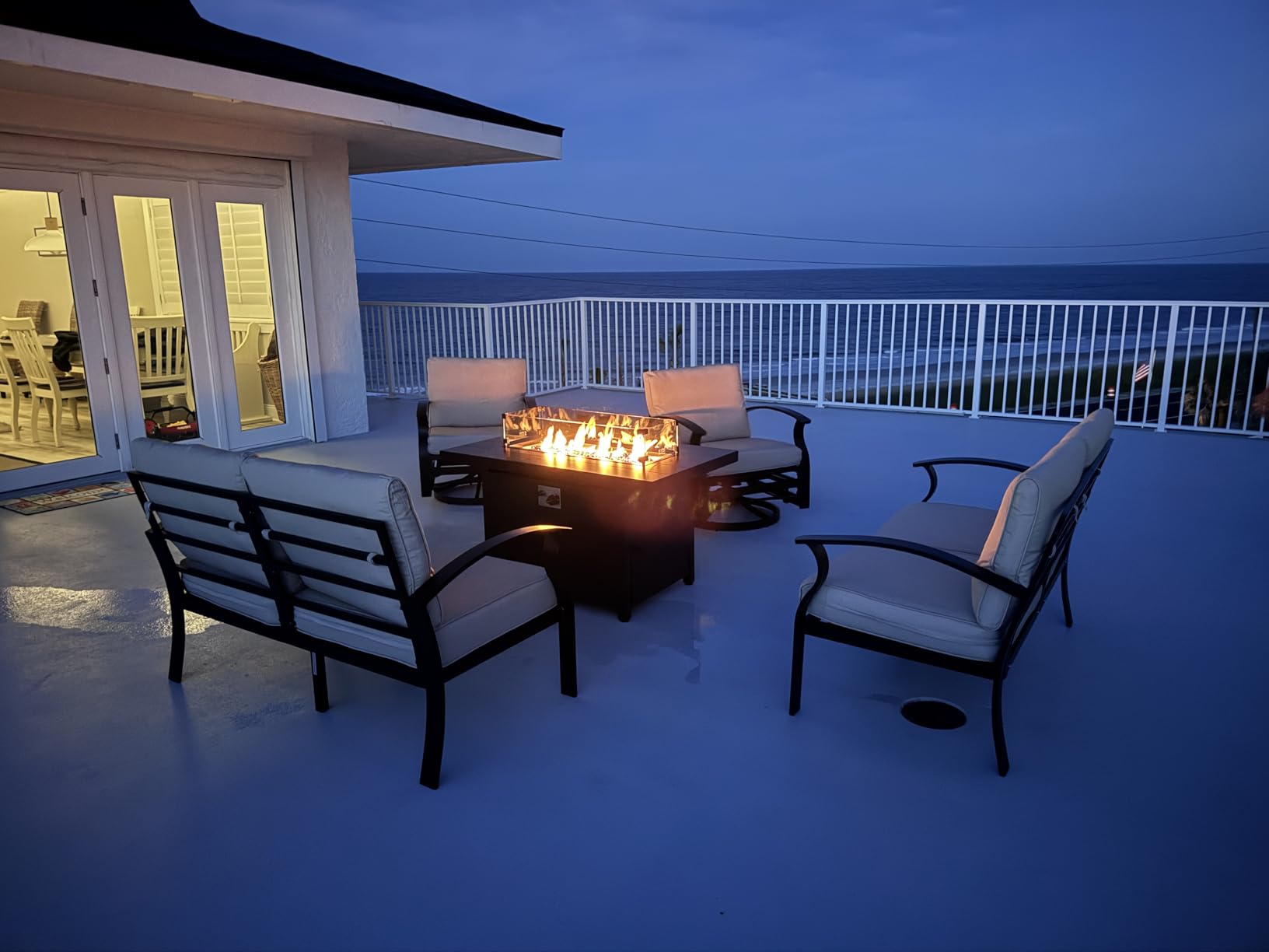 Kurapika 5 Piece Modern Metal Outdoor Conversation Sets, Patio Furniture Set, 4 Aluminum Swivel Chairs w/48in Round Propane Fire Pit Table and Thickened Cushions, Sand - Customer Photo 2