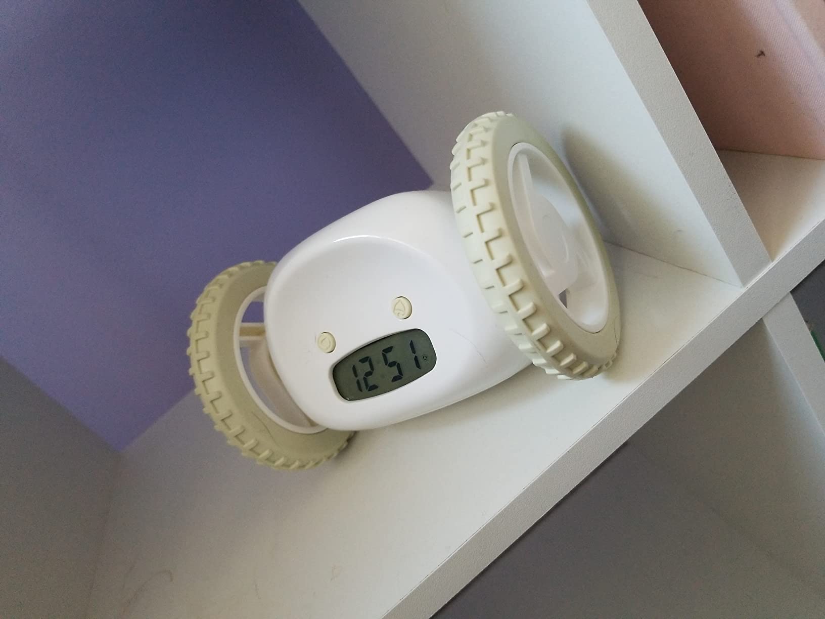 CLOCKY Alarm Clock on Wheels – Loud Rolling Alarm Clock for Heavy Sleepers | Runaway Clock That Jumps & Runs to Wake You Up | Funny Unique Gift for Adults & Teens (White) - Customer Photo 2