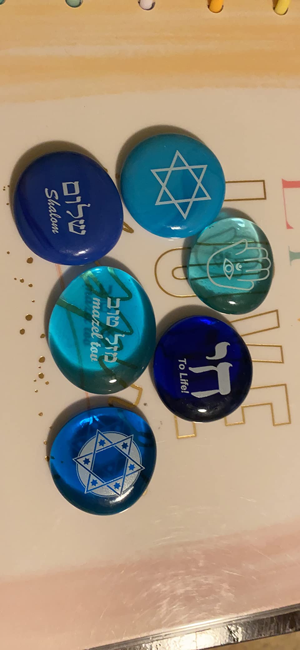 Judaica Glass Stones: Chai, Star of David, Hamsa, Mazel Tov and Shalom on Shades of Blue, Set of Six, by Lifeforce Glass - Customer Photo 1