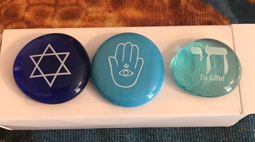 Judaica Glass Stones: Chai, Star of David, Hamsa, Mazel Tov and Shalom on Shades of Blue, Set of Six, by Lifeforce Glass - Customer Photo 2