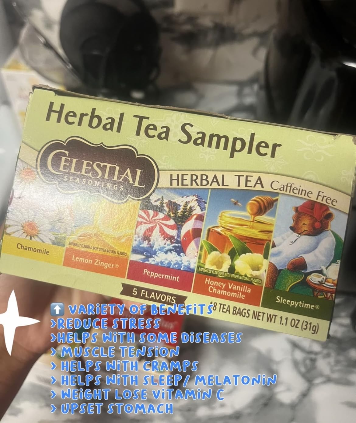 Celestial Seasonings Herbal Tea Sampler Variety Pack, Caffeine Free, 18 Tea Bags Box - Customer Photo 1