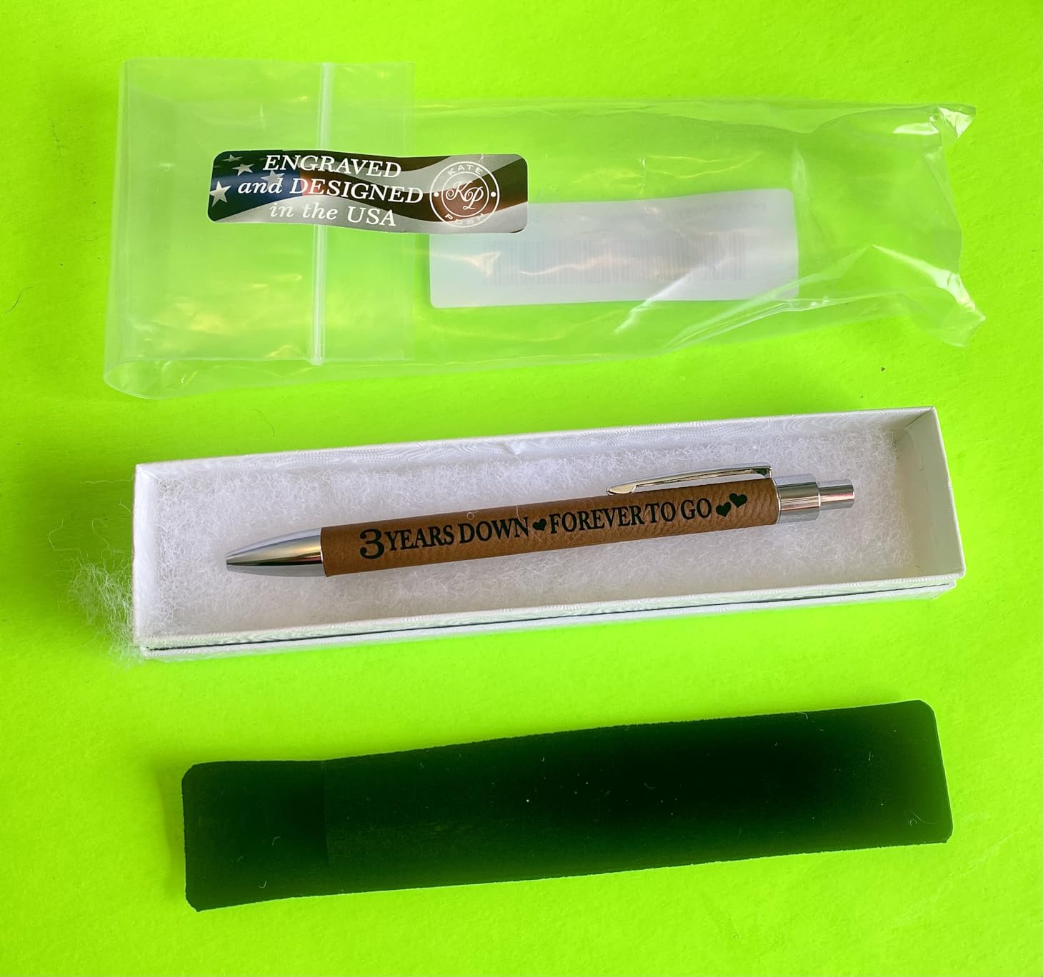 KATE POSH - 3 Years Down, Forever to Go Engraved Leather Pen, Our 3rd Wedding Anniversary, 3 Years as Husband & Wife, Gifts for Her, Him & Couples, Marriage (Rawhide) - Customer Photo 1