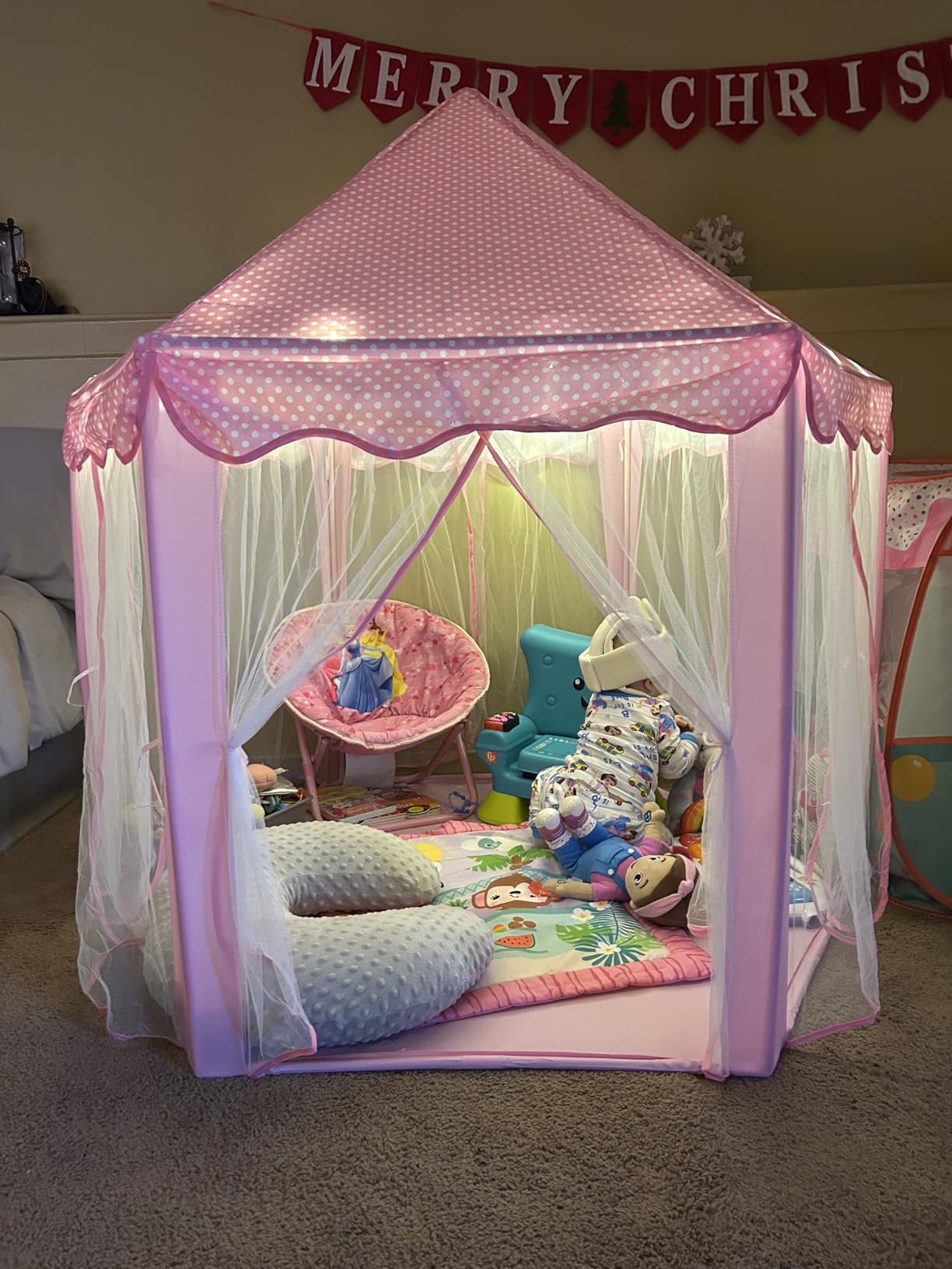 Monobeach Princess Tent Girls Large Playhouse Kids Castle Play Tent with Star Lights Toy for Children Indoor and Outdoor Games, 55'' x 53'' (DxH) - Customer Photo 1