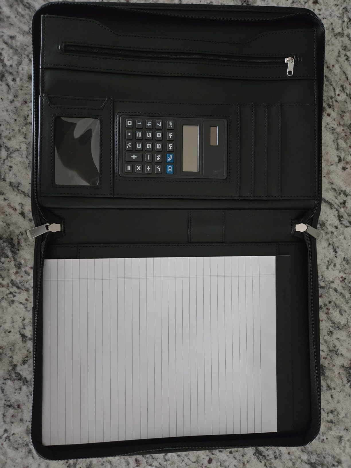 Cossini Black Superior Vegan Leather Business Portfolio with Zipper – Padfolio All-in-One. Smartest Protective 10.1 Inch Tablet Sleeve, Presentation Slot, Solar Calculator, Card Storage, Writing Pad - Customer Photo 1