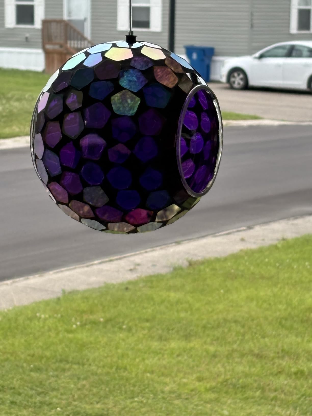 Sunnydaze 6-Inch Glass Mosaic Hanging Bird Feeder for Outdoors - Fly-Through Wild Bird Feeder - Iridescent Purple Mosaic - Customer Photo 2