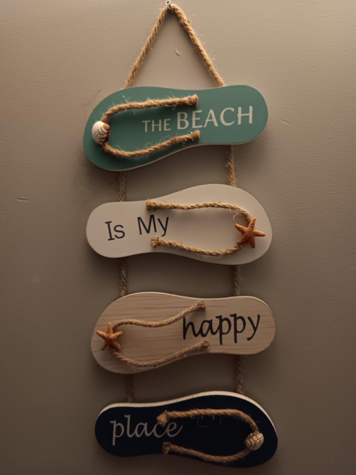 Juvale Wooden Flip Flop Beach Decor Sign - 8.7 x 20.9 in, Blue/White/Beige Coastal Wood - Nautical Decor with Seashells & Rope Hanger - Indoor/Outdoor Wall Accent for Bathroom, Bedroom & Living Room - Customer Photo 1