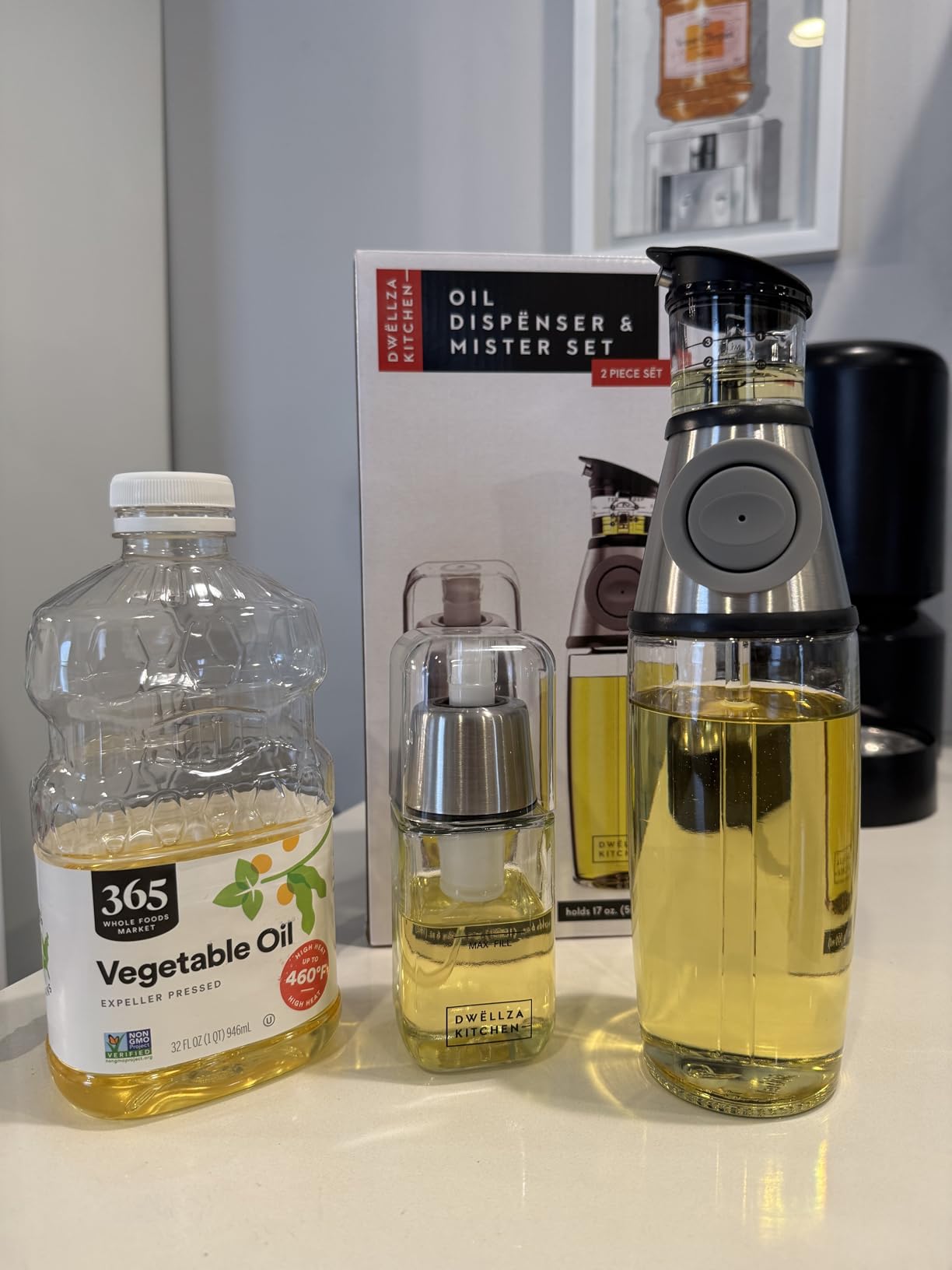 DWËLLZA KITCHEN Olive Oil Dispenser and Vinegar Bottle Set - with a FREE Collapsible Funnel - Drip Free Double Spouts - 17 Oz. Glass Oil Bottle Container with Stainless Steel Rack - Customer Photo 2