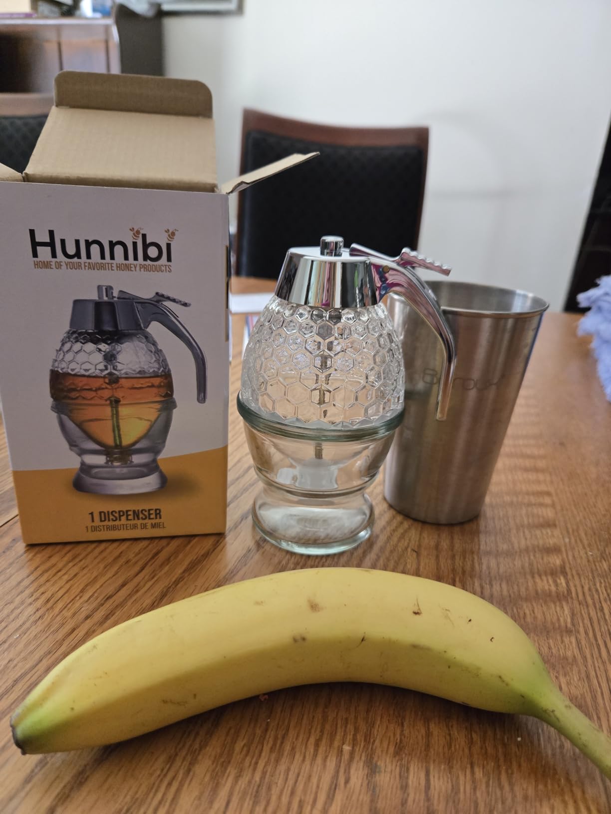 Hunnibi 8oz No Drip Glass Honey Dispenser with Plastic Top - Honeycomb-Style Syrup Server and Bee-Themed Storage Jar with Stand - Customer Photo 1