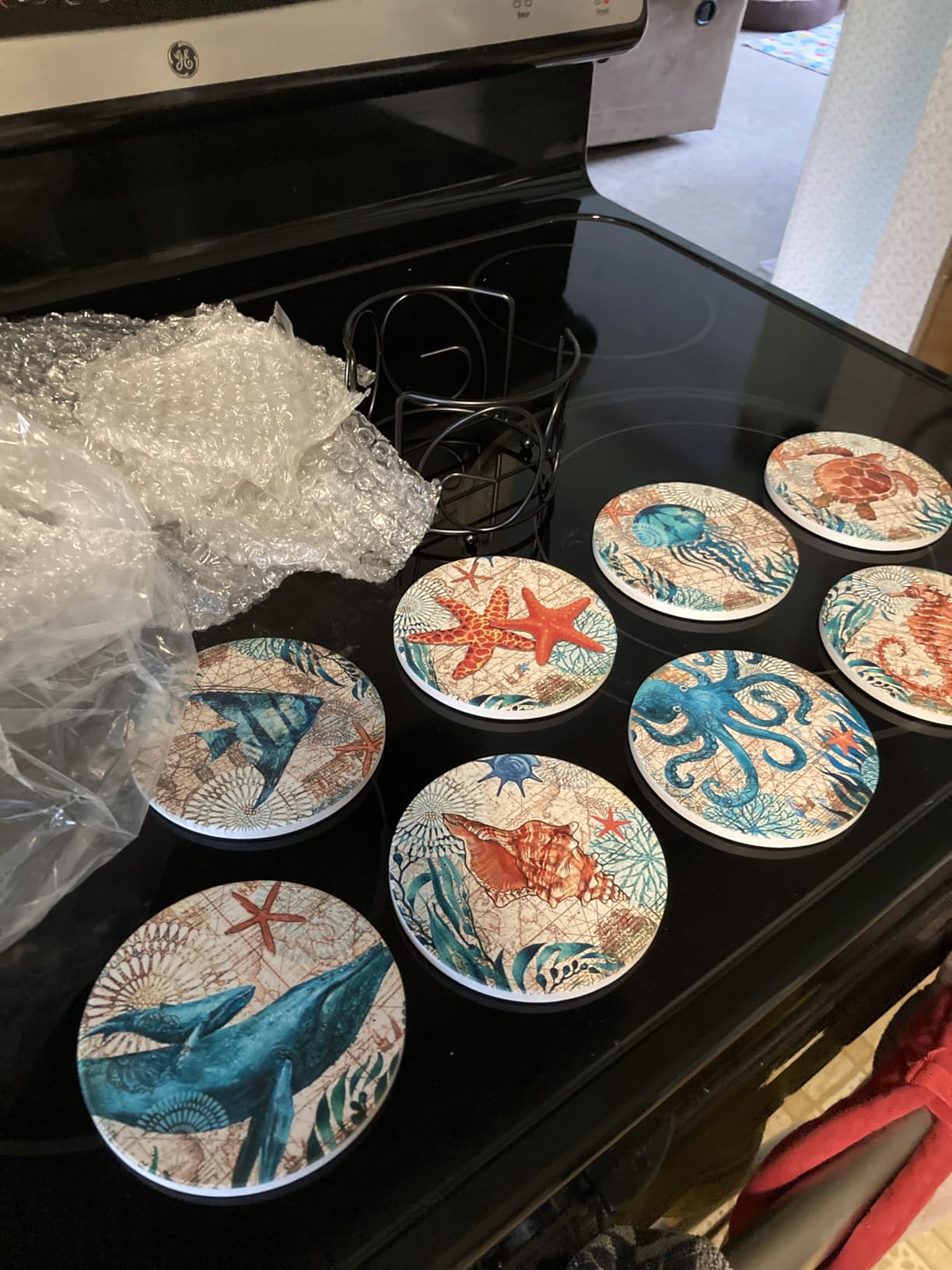 Teivio Absorbing Stone Sea Ocean Life Coasters for Drinks, Cork Base with Holder,Coastal Decor Beach Theme Tropical,for Housewarming Apartment Kitchen Bar Decor, For Wooden Table Coffee table,Set of 8 Customer Review Teivio Absorbing Stone Sea Ocean Life Coasters for Drinks, Cork Base with Holder,Coastal Decor Beach Theme Tropical,for Housewarming Apartment Kitchen Bar Decor, For Wooden Table Coffee table,Set of 8 - Customer Photo 1