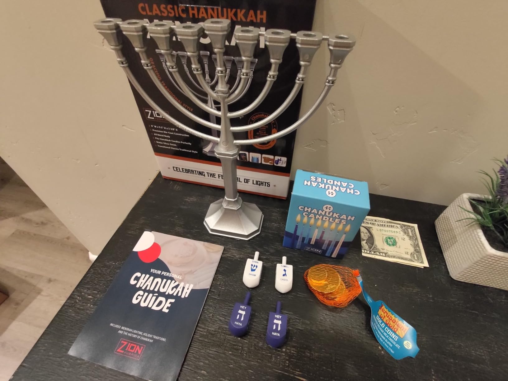 Complete Hanukkah Menorah Kit Traditional Grace Menorah - Satin Silver, 44 Hanukkah Candles, 4 Dreidels, Chanukah Guide, Sack of Chocolate Gelt - Complete Chanukah Bundle by Zion Judaica - Customer Photo 1
