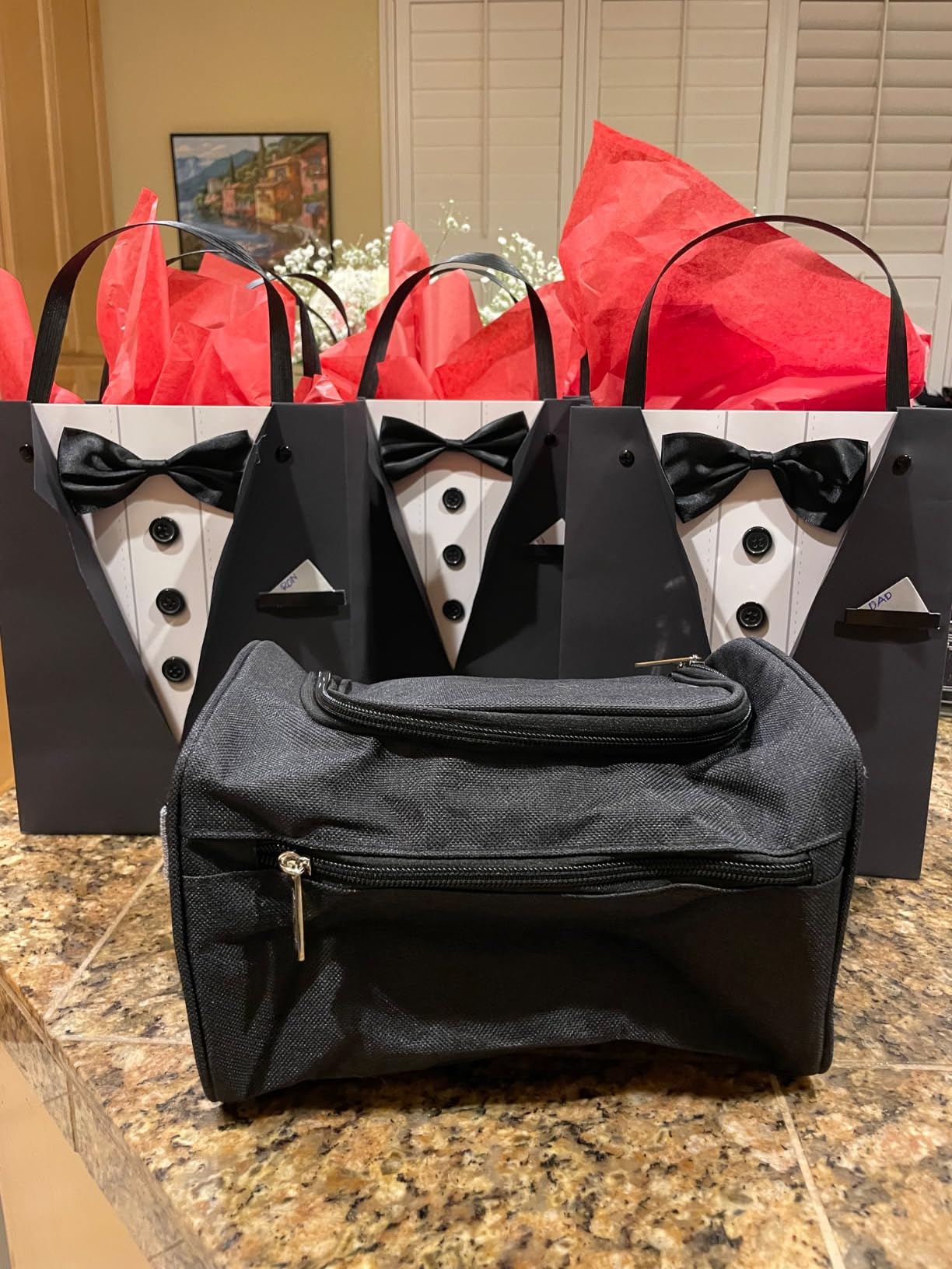 Sparkle and Bash Groomsmen Gift Bags With 3D Tuxedo Design, Satin Bow Tie & Real Buttons - Black, 6 Pack, 8 x 4.5 x 10 In - Wedding & Bachelor Party - Tuxedo Gift Bags for Men - Customer Photo 1