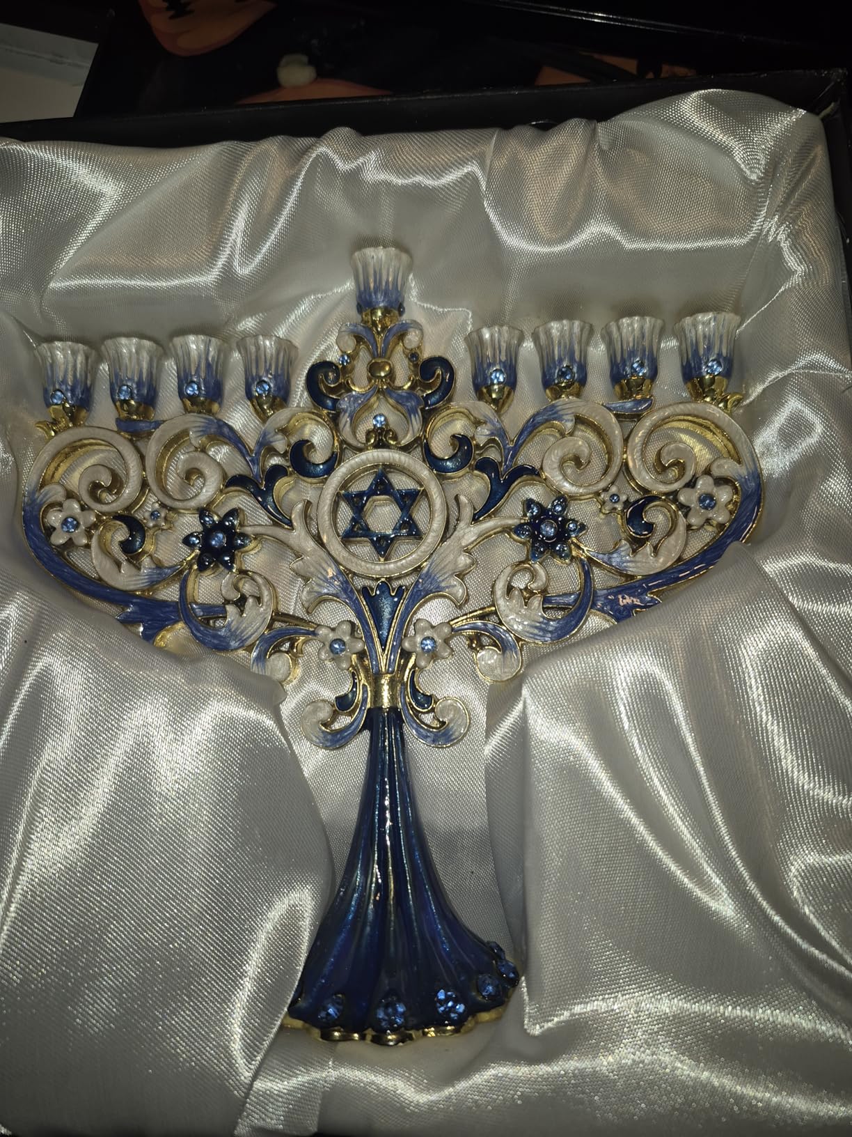 Artistic Chanukah Candle Menorah Elegantly Jeweled and Gold Plated Tree Fleur De Lis Menora for Hanukkah (Classic Blue) in Elegant Gift Box by Zion Judaica - Customer Photo 1