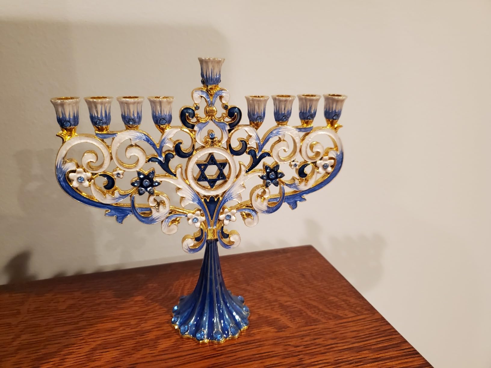 Artistic Chanukah Candle Menorah Elegantly Jeweled and Gold Plated Tree Fleur De Lis Menora for Hanukkah (Classic Blue) in Elegant Gift Box by Zion Judaica - Customer Photo 2