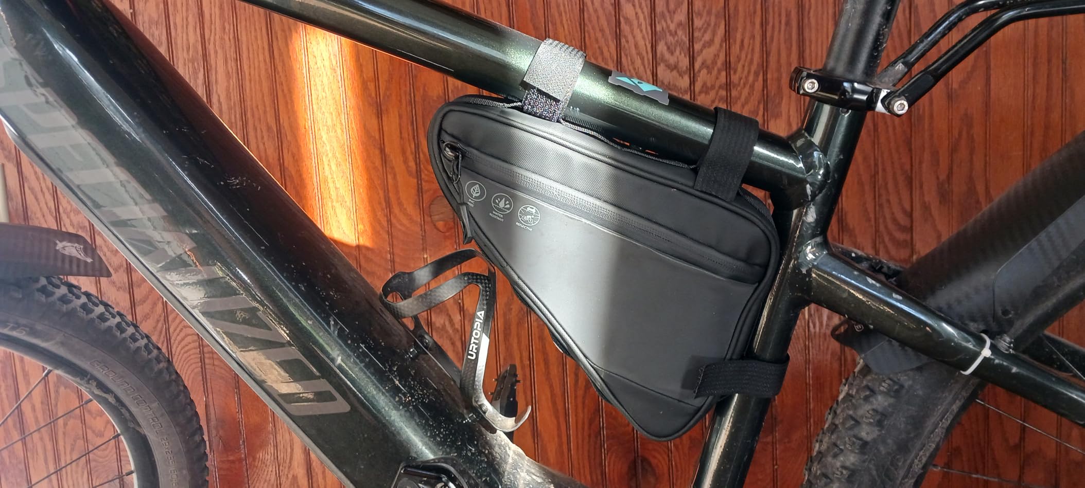 WOTOW Bike Frame Storage Bag, Water Resistant Reflective Bicycle Triangle Bag with Two Side Pockets, Strap-On Under Seat Tool Accessories Pouch for Mountain Road Bike Trip (2L) - Customer Photo 2