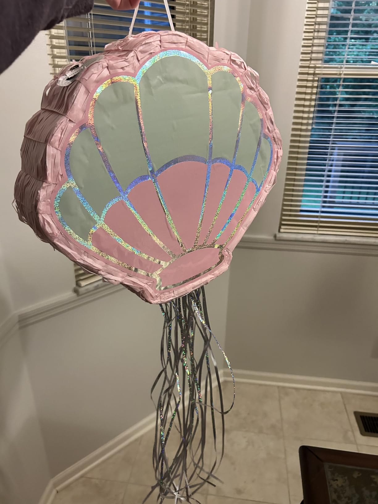 BLUE PANDA Mermaid Pull String Seashell Pinata - Small 13 x 3 x 14 In, Aqua & Pink Seashell - Easy-Fill Pull String for Beach & Ocean Theme, Mermaid Birthday Decorations & Under the Sea Party Decor - Customer Photo 1