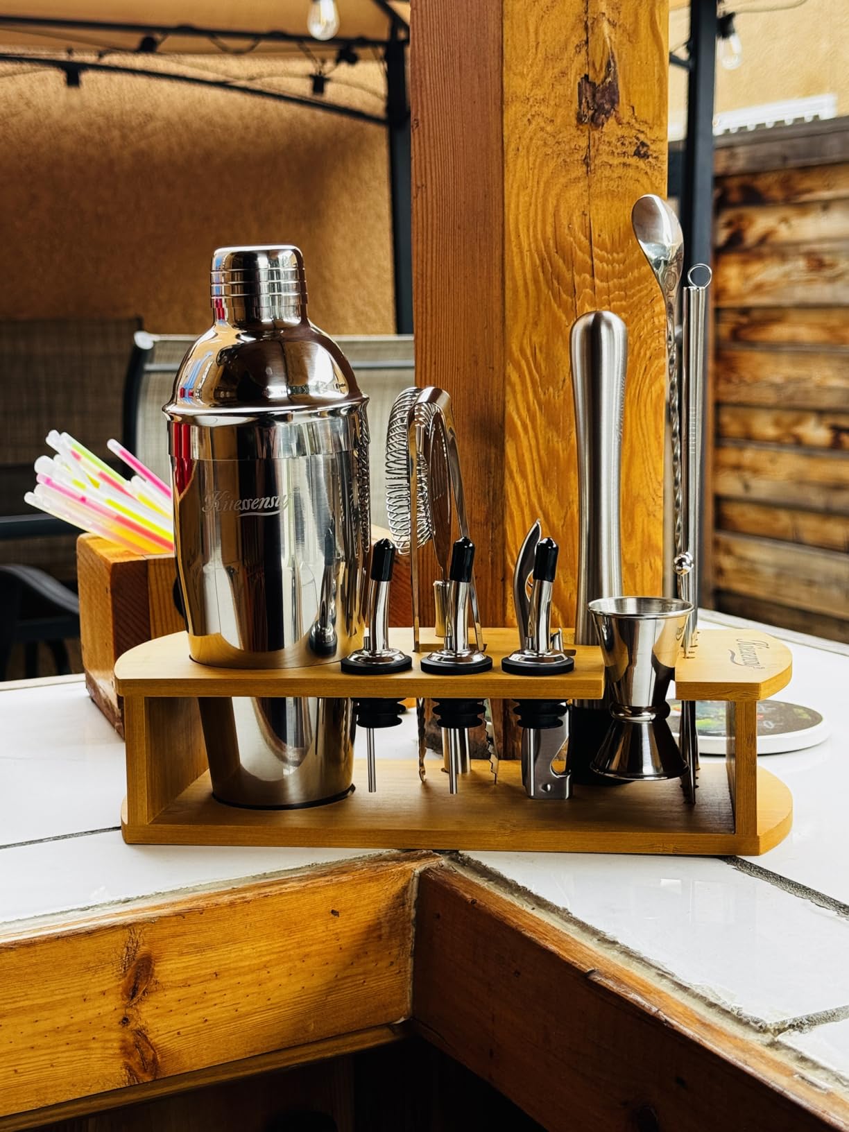 KITESSENSU Cocktail Shaker Set Bartender Kit with Stand | Bar Set Drink Mixer Set with All Essential Accessory Tools: Martini Shaker, Jigger, Strainer, Mixer Spoon, Muddler, Liquor Pourers |Silver - Customer Photo 1