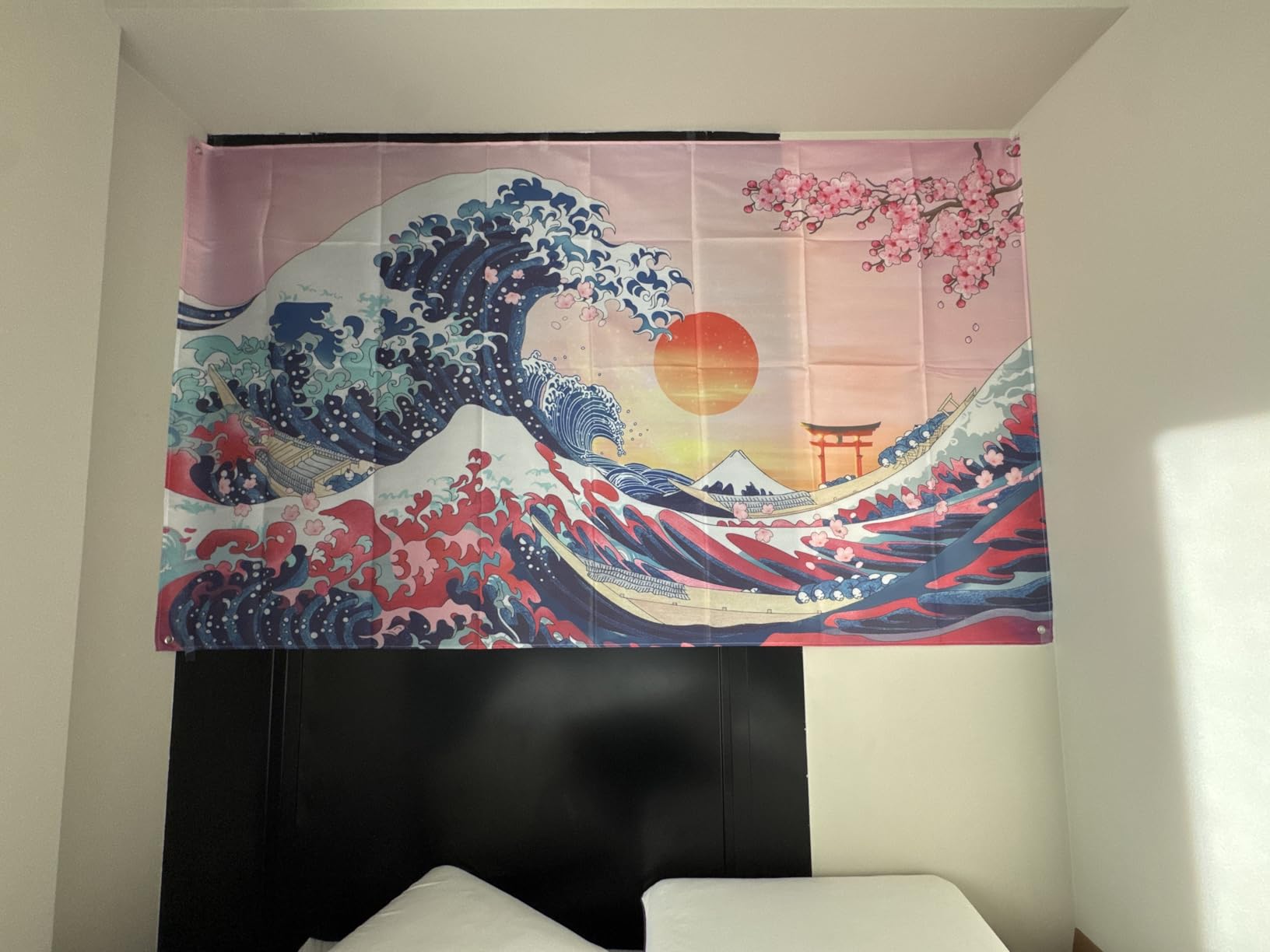 Ocean Wave Tapestry Japanese Kanagawa Backdrop Great Wave Tapestry Cherry Blossom Nature Sunset Background Wall Hanging Banner for Japanese Party Wall Home Decorations, 72.8 x 43.3 Inch - Customer Photo 1