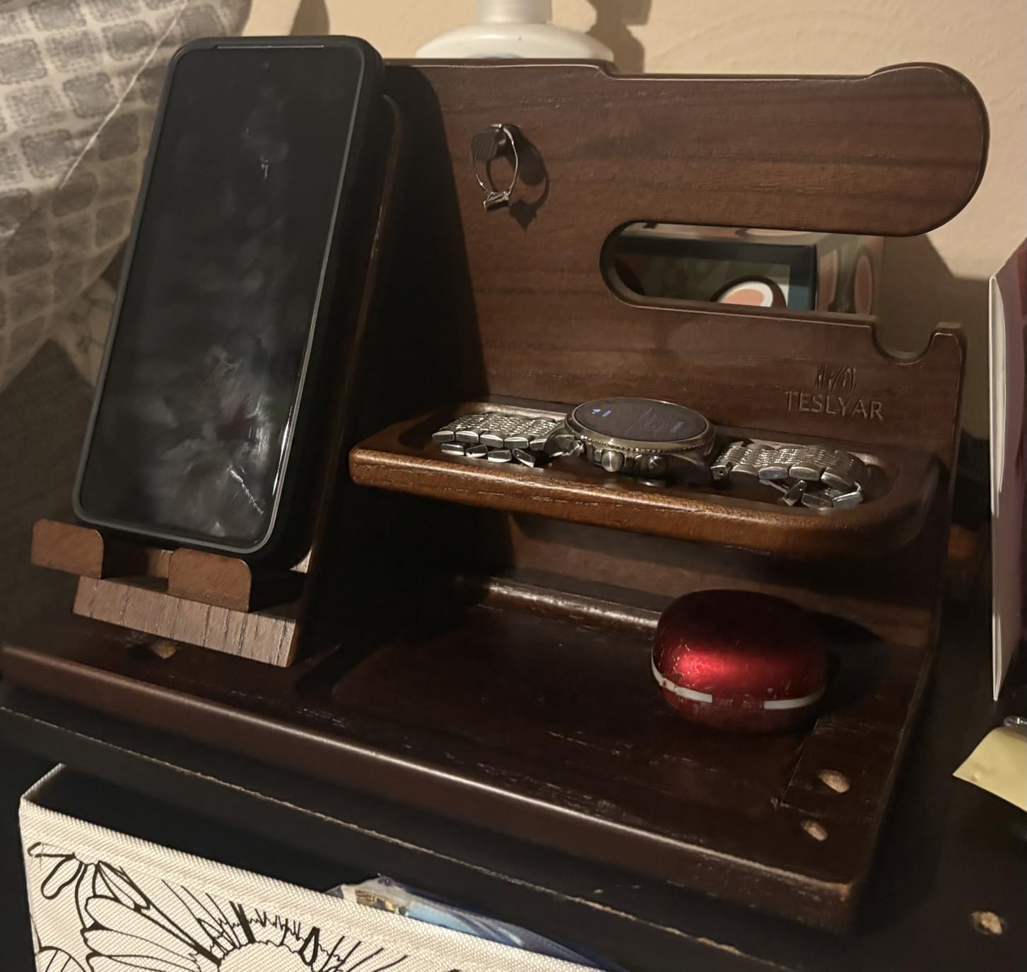 TESLYAR Wood Phone Docking Station for Men - Desk or Nightstand Organizer - Birthday Gifts for Husband, Dad - Anniversary Idea from Wife - Key Holder, Stand Wallet, Watch & Essentials (Bourbon Brown) - Customer Photo 1