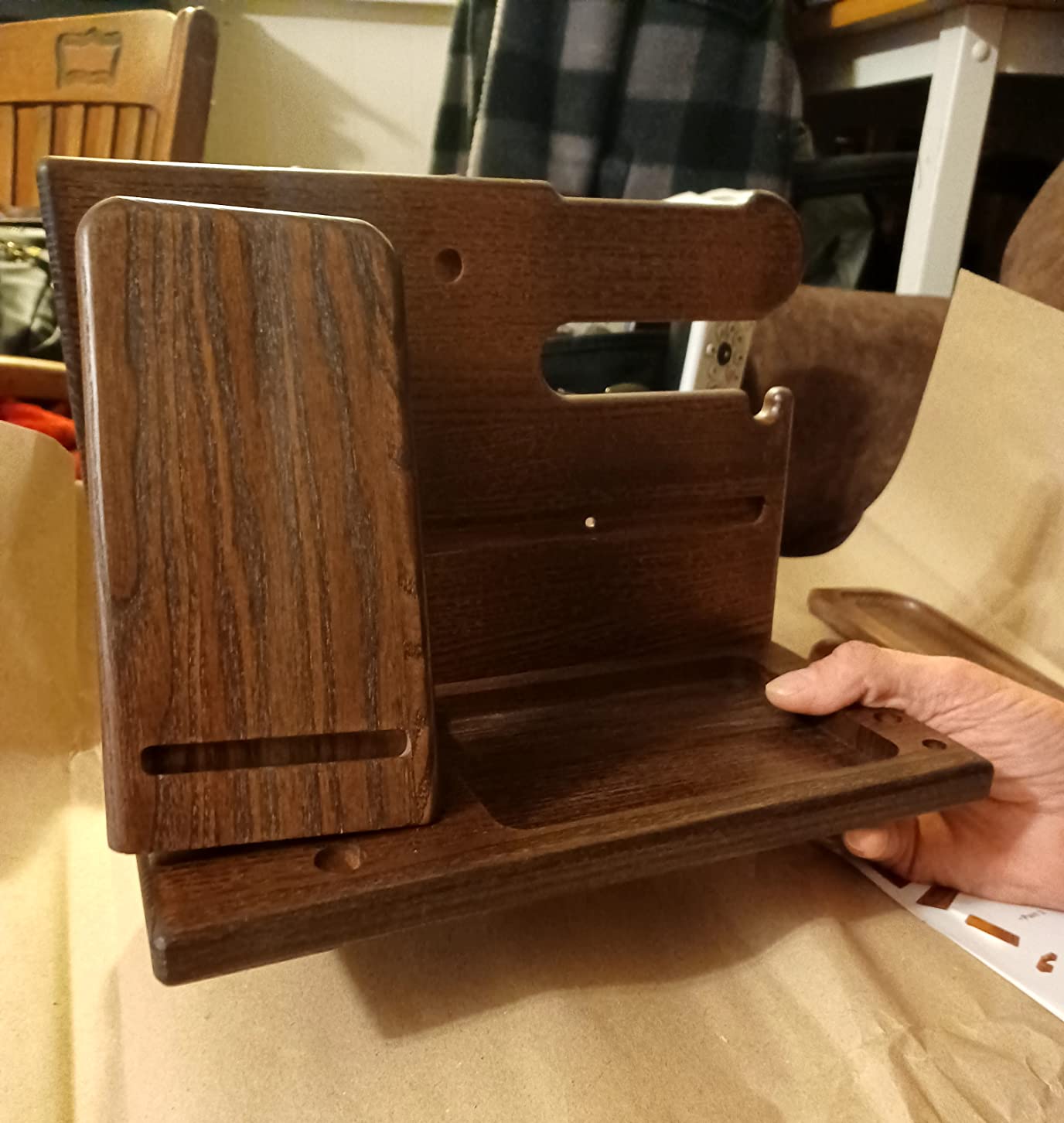 TESLYAR Wood Phone Docking Station for Men - Desk or Nightstand Organizer - Birthday Gifts for Husband, Dad - Anniversary Idea from Wife - Key Holder, Stand Wallet, Watch & Essentials (Bourbon Brown) - Customer Photo 2