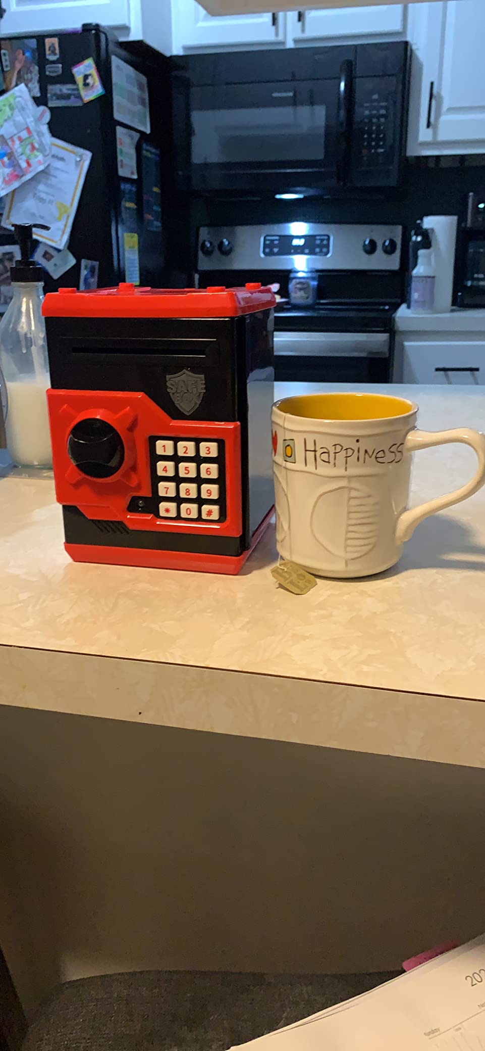 ATM Piggy Bank for Boys Girls, Vcertcpl Mini ATM Coin Bank Money Saving Box with Password, Kids Safe Money Jar for Adults with Auto Grab Bill Slot, Great Gift Toy Bank for Kids (Red+Black) - Customer Photo 1