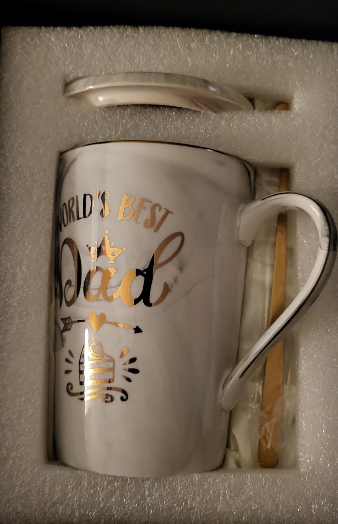 Birthday Gifts for Dad from Daughter, Son or Wife, Worlds Best Dad Mug – 14Oz Unique Grey Marble Coffee Cup with Gold Print, Funny Christmas Fathers Day Present, with Lid, Spoon, Card, Luxury Gift Box - Customer Photo 2