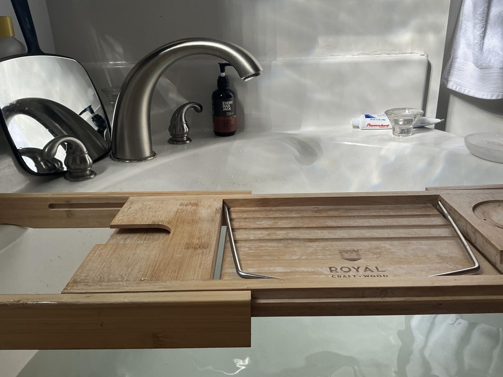 Bathroom Caddy Organizer & Bathtub Tray - Expandable Bamboo Bath Caddy with Wine, Book & Tablet Holder - Luxurious Bath Accessories Customer Review Bathroom Caddy Organizer & Bathtub Tray - Expandable Bamboo Bath Caddy with Wine, Book & Tablet Holder - Luxurious Bath Accessories - Customer Photo 1